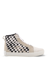 Alpinestars Ride-63 Canvas Shoes, High-Top Sneakers, Beige and Black, Checkered Pattern Side Panels, White Sole, Casual Motorsport-Inspired Footwear