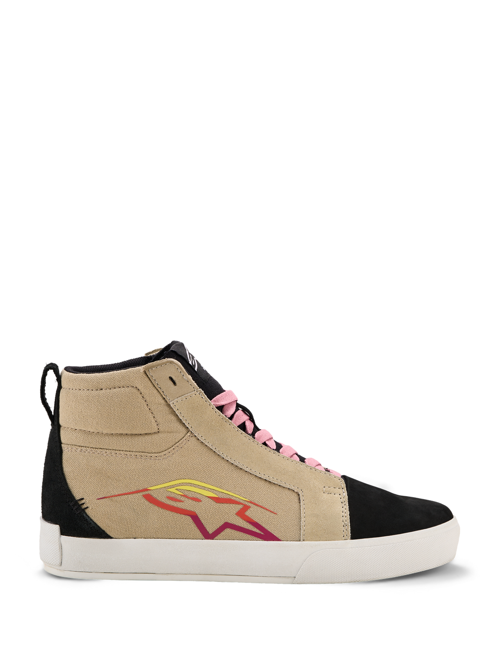 Alpinestars Ride-63 Canvas Shoes, höga sneakers, beige och svart, rosa skosnören, vit sula, flerfärgad stjärnlogotyp i rött och gult, mockaliknande textur, avslappnade motorsportinspirerade skor