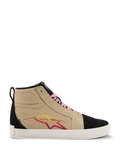 Alpinestars Ride-63 Canvas Shoes, höga sneakers, beige och svart, rosa skosnören, vit sula, flerfärgad stjärnlogotyp i rött och gult, mockaliknande textur, avslappnade motorsportinspirerade skor