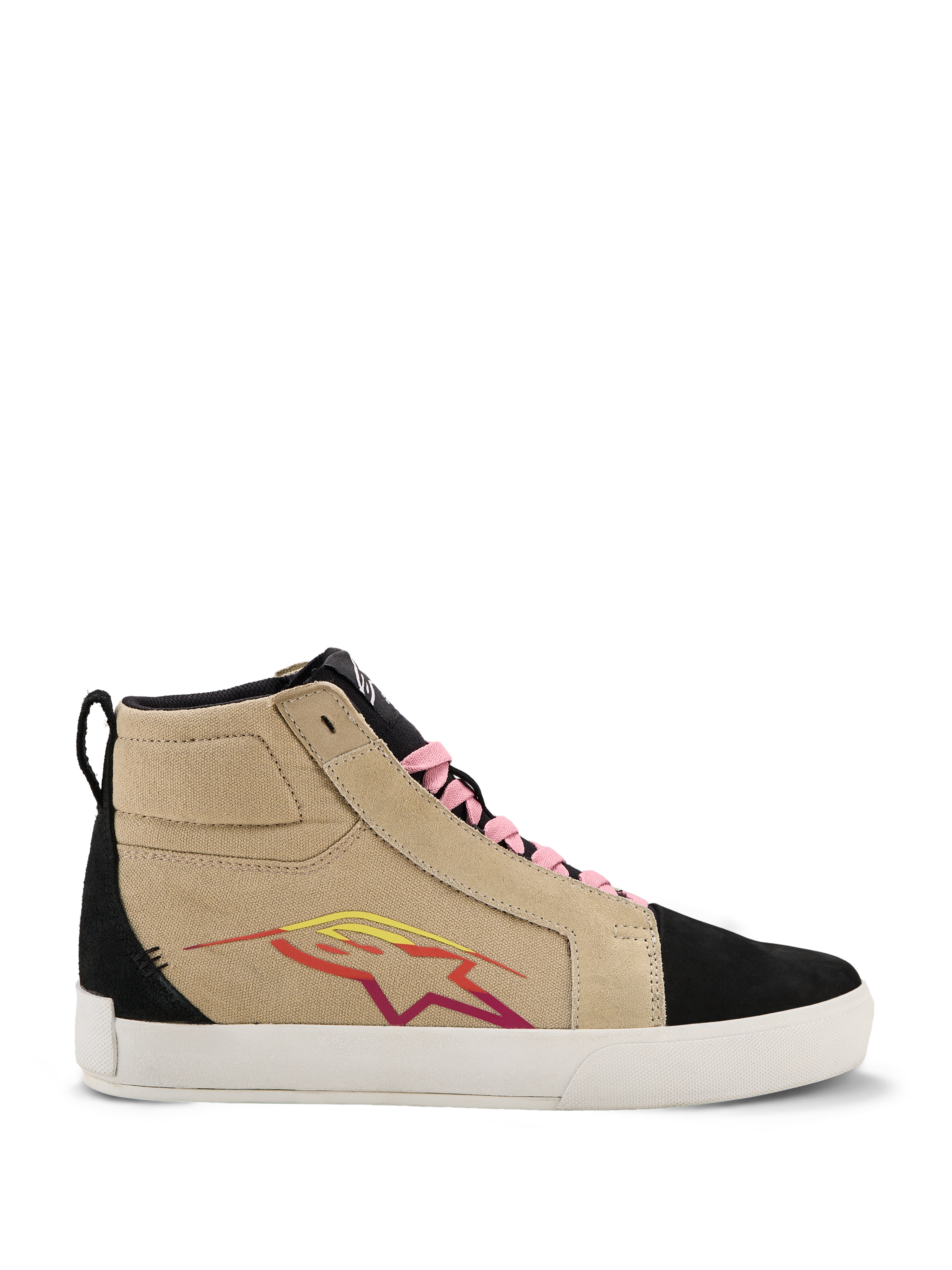 Alpinestars Ride-63 Canvas Shoes, höga sneakers, beige och svart, rosa skosnören, vit sula, flerfärgad stjärnlogotyp i rött och gult, mockaliknande textur, avslappnade motorsportinspirerade skor