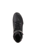 Alpinestars Women Stella Faster-3 Drystar® Shoes, Waterproof Motorcycle Riding Shoes, Black Dark Gray Fuchsia, top-down view showing lace-up closure and hook-and-loop strap, streamlined protective footwear for urban riding.