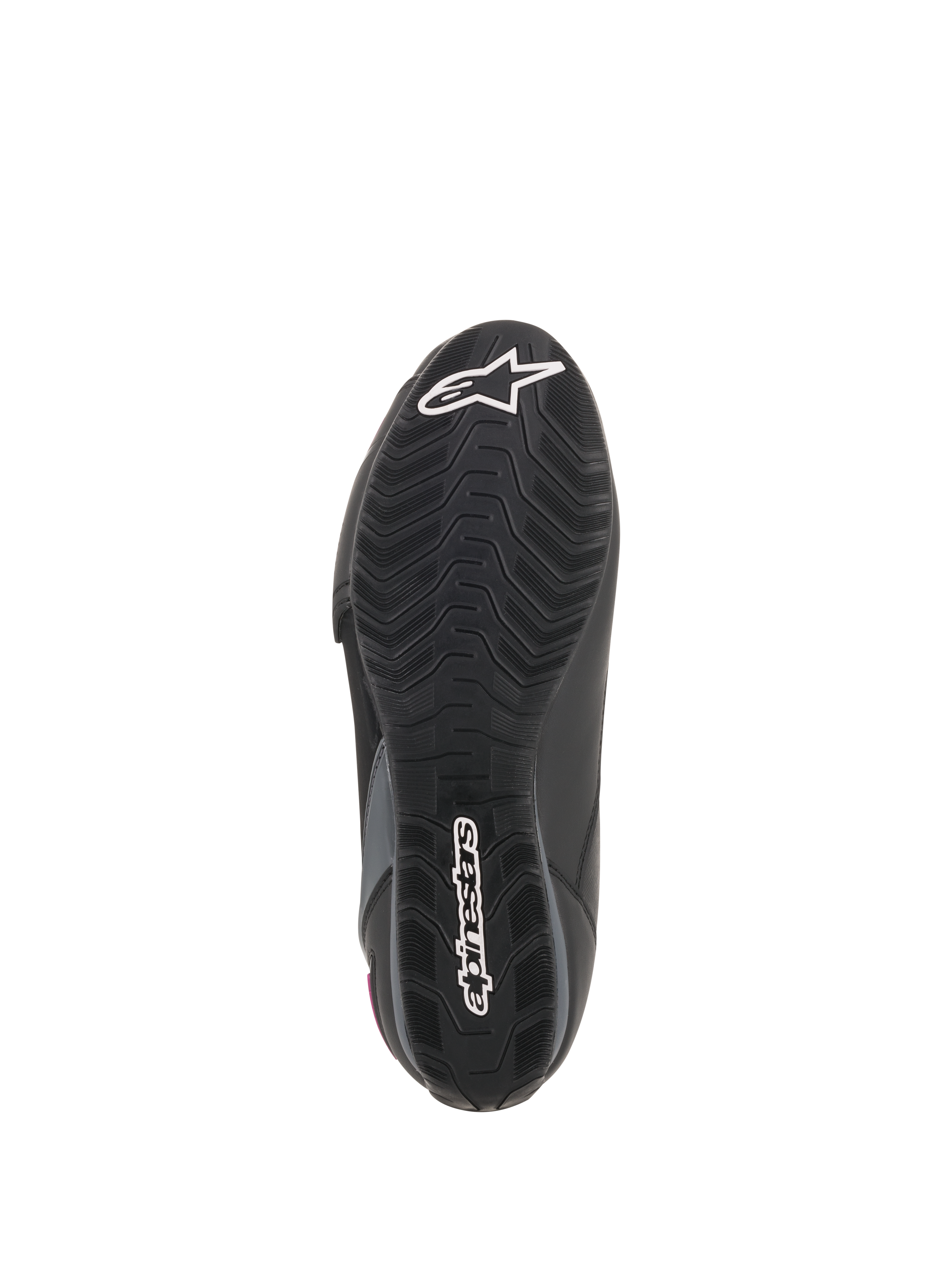 Alpinestars Women Stella Faster-3 Drystar® Shoes, Sole view, Black rubber outsole with textured grip pattern, white Alpinestars star logo and wordmark branding, durable motorcycle footwear construction