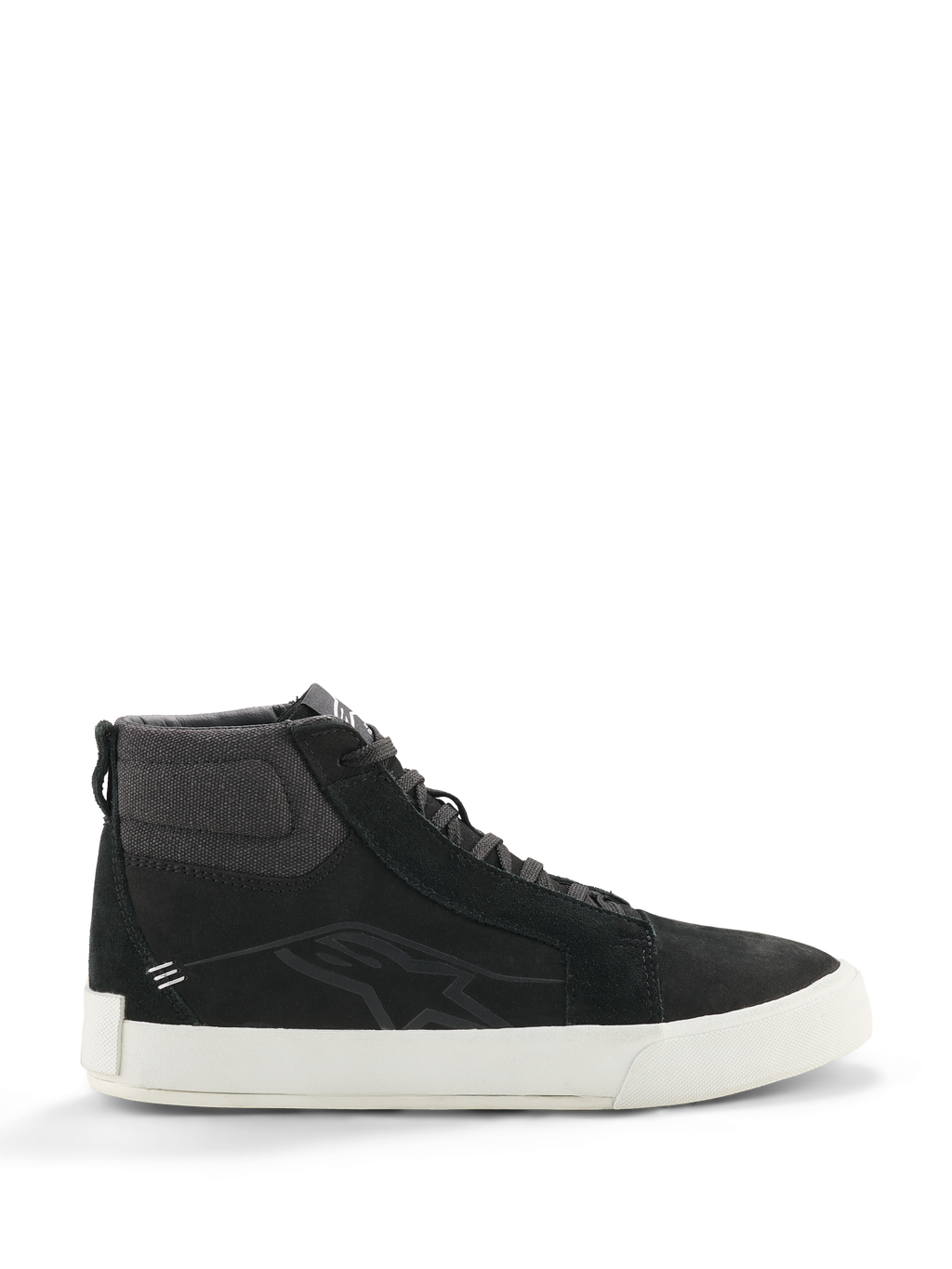 Alpinestars Ride-63 läderskor, svarta höga sneakers, urbana motorcykelskor, vit sula, texturerad ankelkrage i tyg, svarta mockapaneler, minimalistisk design