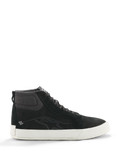 Alpinestars Ride-63 läderskor, svarta höga sneakers, urbana motorcykelskor, vit sula, texturerad ankelkrage i tyg, svarta mockapaneler, minimalistisk design
