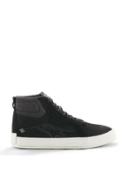 Alpinestars Ride-63 läderskor, svarta höga sneakers, urbana motorcykelskor, vit sula, texturerad ankelkrage i tyg, svarta mockapaneler, minimalistisk design