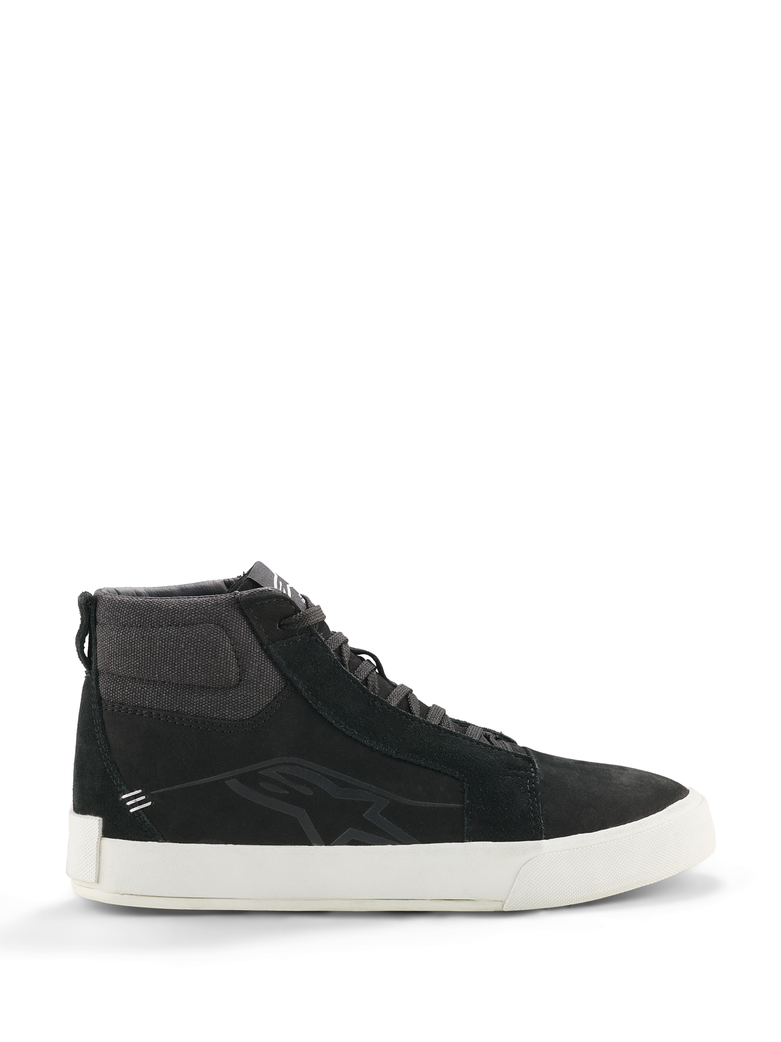 Alpinestars Ride-63 läderskor, svarta höga sneakers, urbana motorcykelskor, vit sula, texturerad ankelkrage i tyg, svarta mockapaneler, minimalistisk design