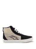 Alpinestars Ride-63 läderskor, höga motorcykelsneakers, svarta, coolgrå och vita, sidoprofil med svart A-star-logotyp, vit vulkaniserad sula, mockaförstärkningar, vita skosnören, urban casual motorsportskor