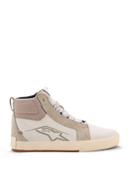 Alpinestars Ride-63 Leather Shoes, Urban Motorcycle Shoes, Off White and Cool Gray with Gum sole, high-top design with leather and suede panels, featuring Alpinestars star logo on the side and a textured vulcanized rubber outsole.