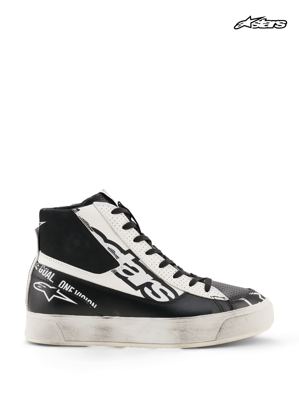Alpinestars Stella Stated Flair skor, dammotorcykelskor i svart och vitt, sidoprofil som visar handapplicerad sliten finish och vulkaniserad gummisula
