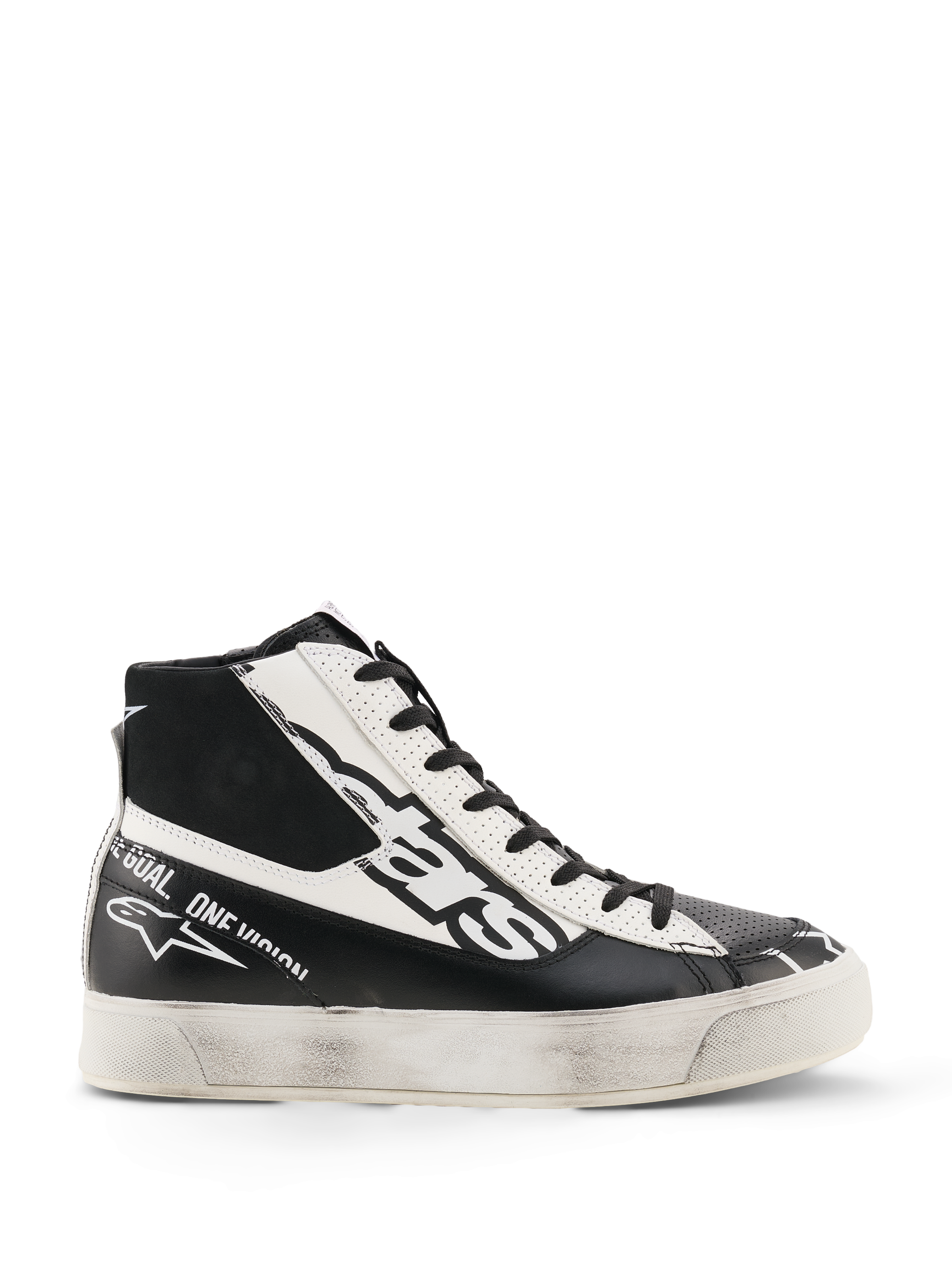 Alpinestars Stella Stated Flair-skor, höga mc-skor för dam, svarta och vita, med perforerade läderpaneler, tydlig logotyp-branding och en sula med sliten finish, motorsport-inspirerad urban streetwear.
