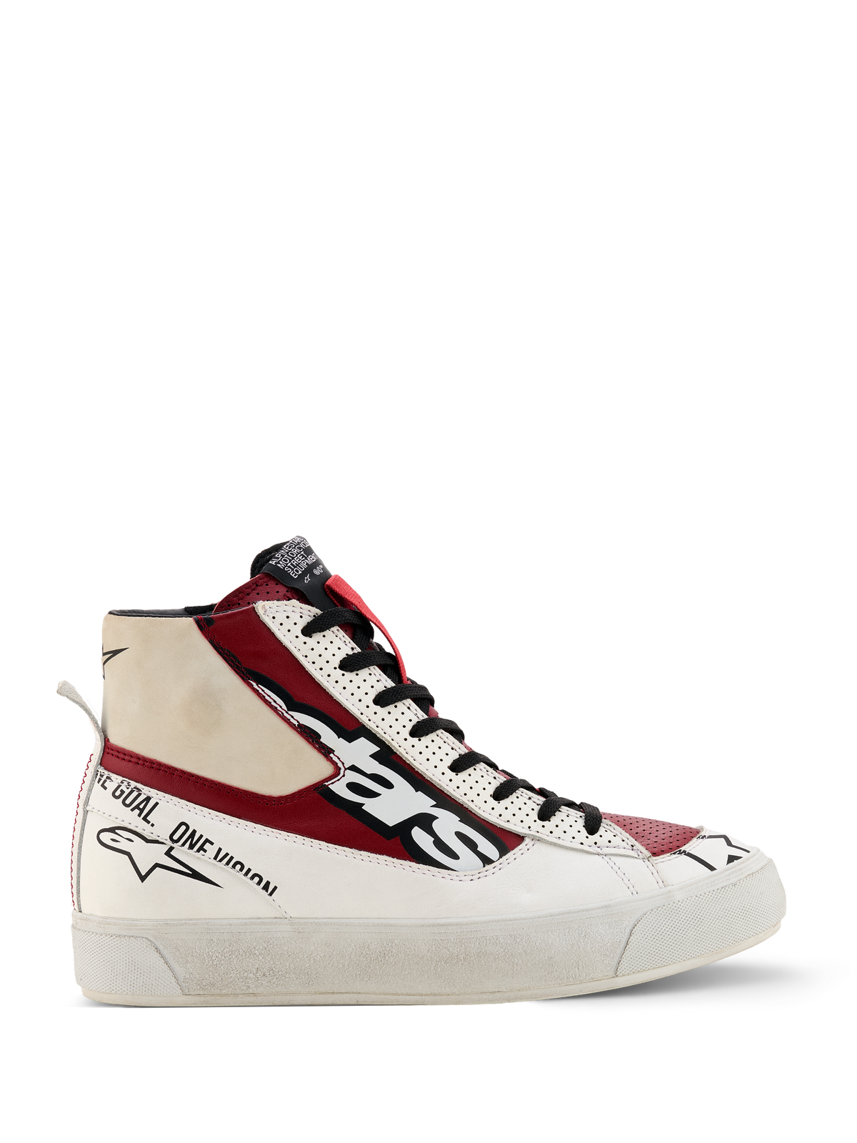Alpinestars Stella Stated Flair Shoes, Women's High-Top Sneakers, Red White and Black, motorsport-inspired design with "one goal one vision" branding, textured white sole, pull tab, leather and fabric construction