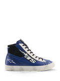 Alpinestars Stated Flair Shoes, Urban Motorcycle Riding Shoes, Bright Blue White and Black, high-top leather construction with a large white and black stars logo, 'One Goal. One Vision.' text on the side, and a vintage-inspired white vulcanized sole featuring a hand-applied worn effect.
