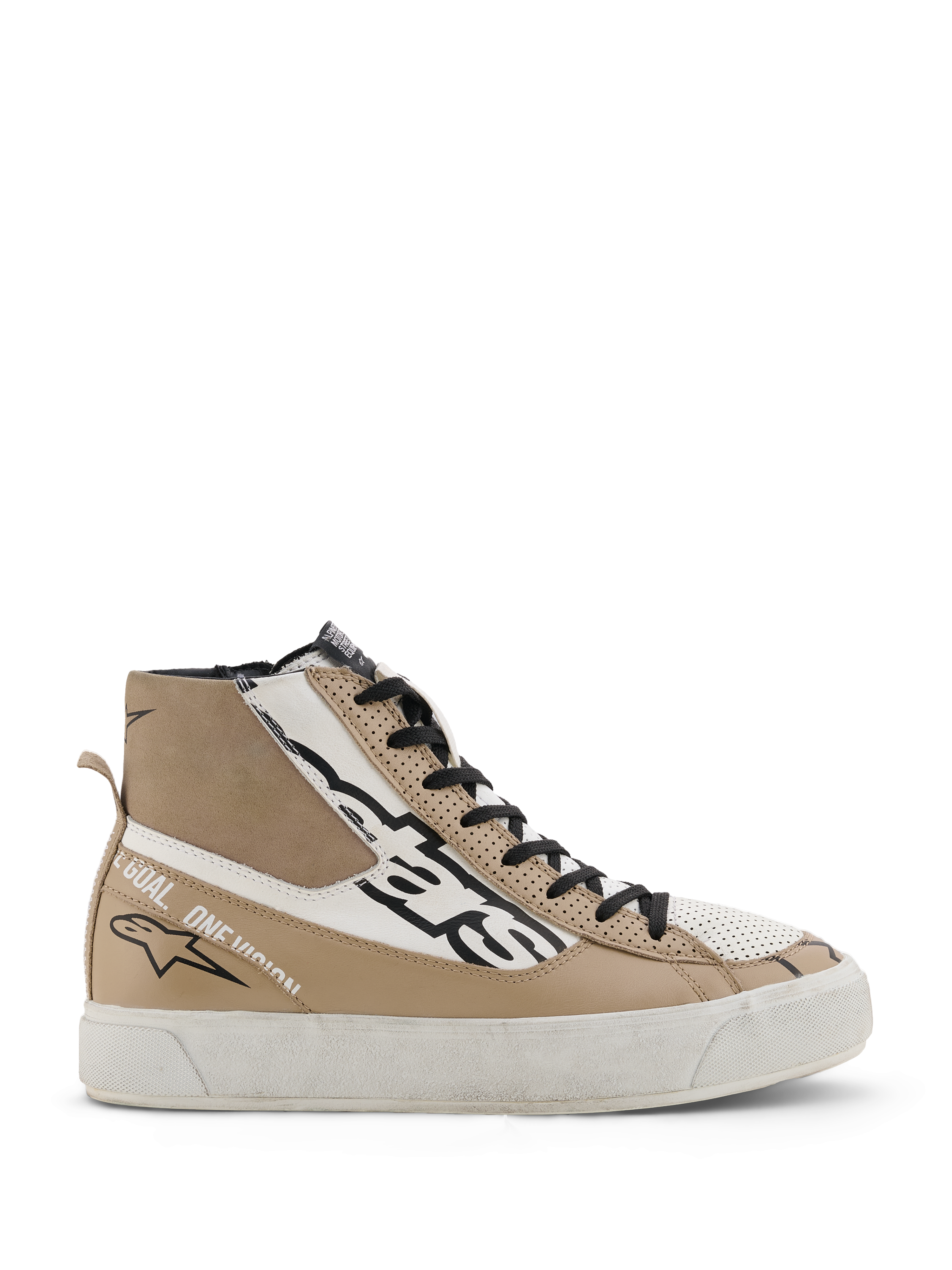 Alpinestars Stella Stated Flair Shoes, Women's High-Top Motorcycle Riding Shoes in Warm Gray and White, featuring black laces, perforated leather details, and 'One Goal. One Vision.' text on the side.
