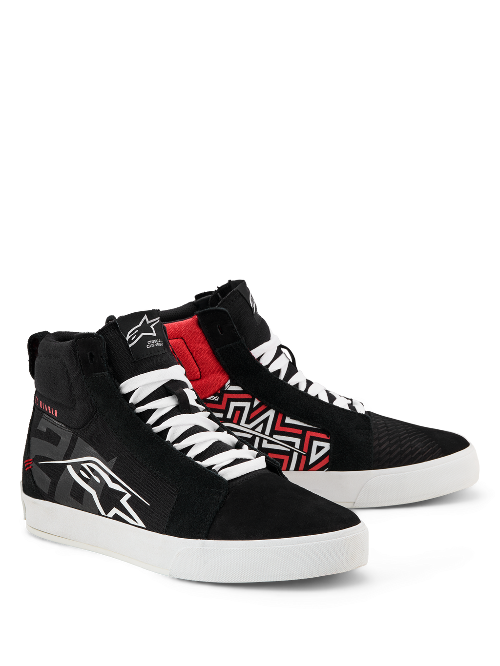 Alpinestars FQ20 Ride-63 canvasskor, vardagliga street-ridingskor, svart, vit och klarröd, high-top canvasdesign med vita skosnören och sulor, med Alpinestars-logotyper och röd geometrisk grafik, motorsportinspirerade livsstilsskor