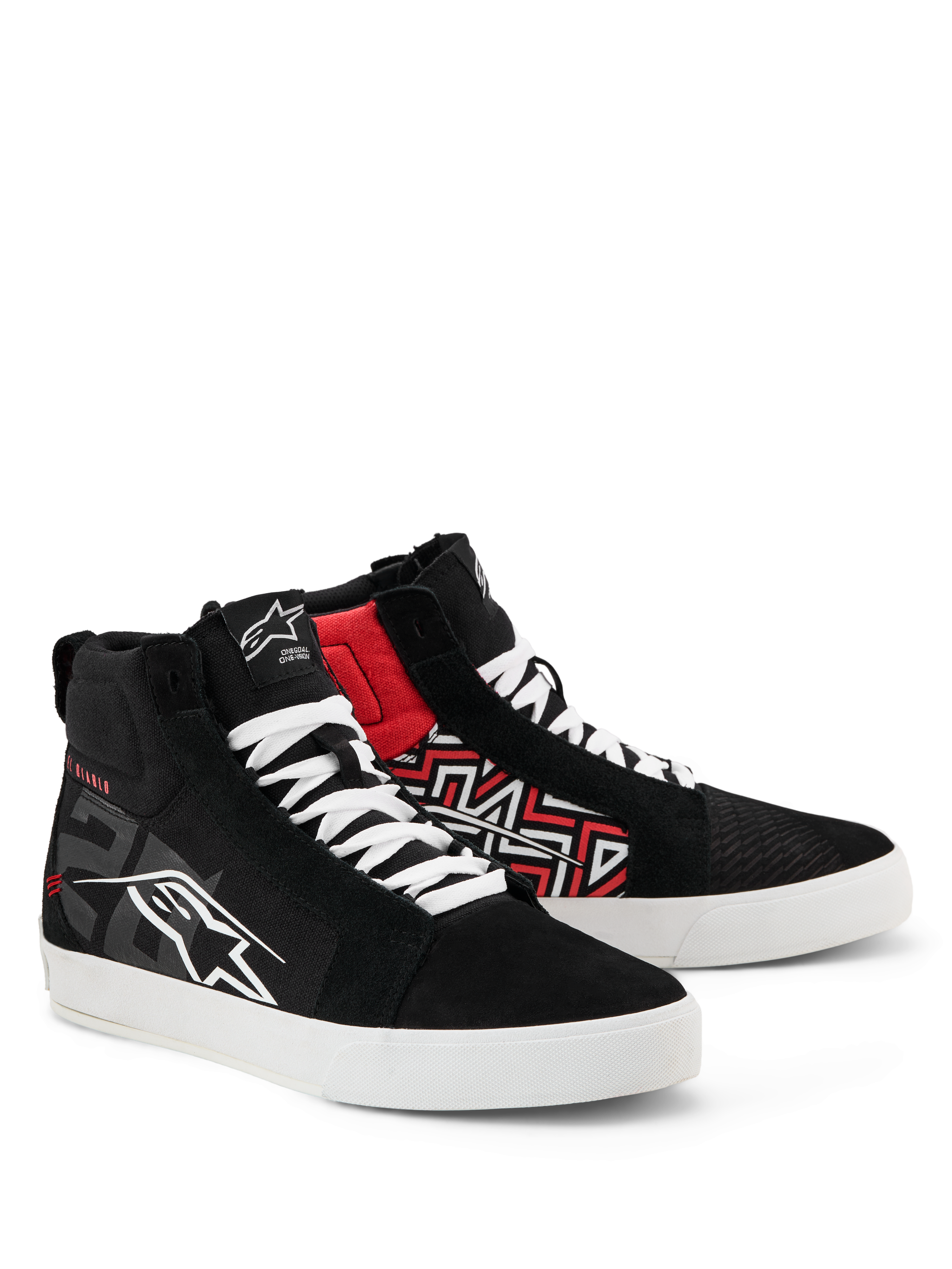 Alpinestars FQ20 Ride-63 canvasskor, vardagliga street-ridingskor, svart, vit och klarröd, high-top canvasdesign med vita skosnören och sulor, med Alpinestars-logotyper och röd geometrisk grafik, motorsportinspirerade livsstilsskor