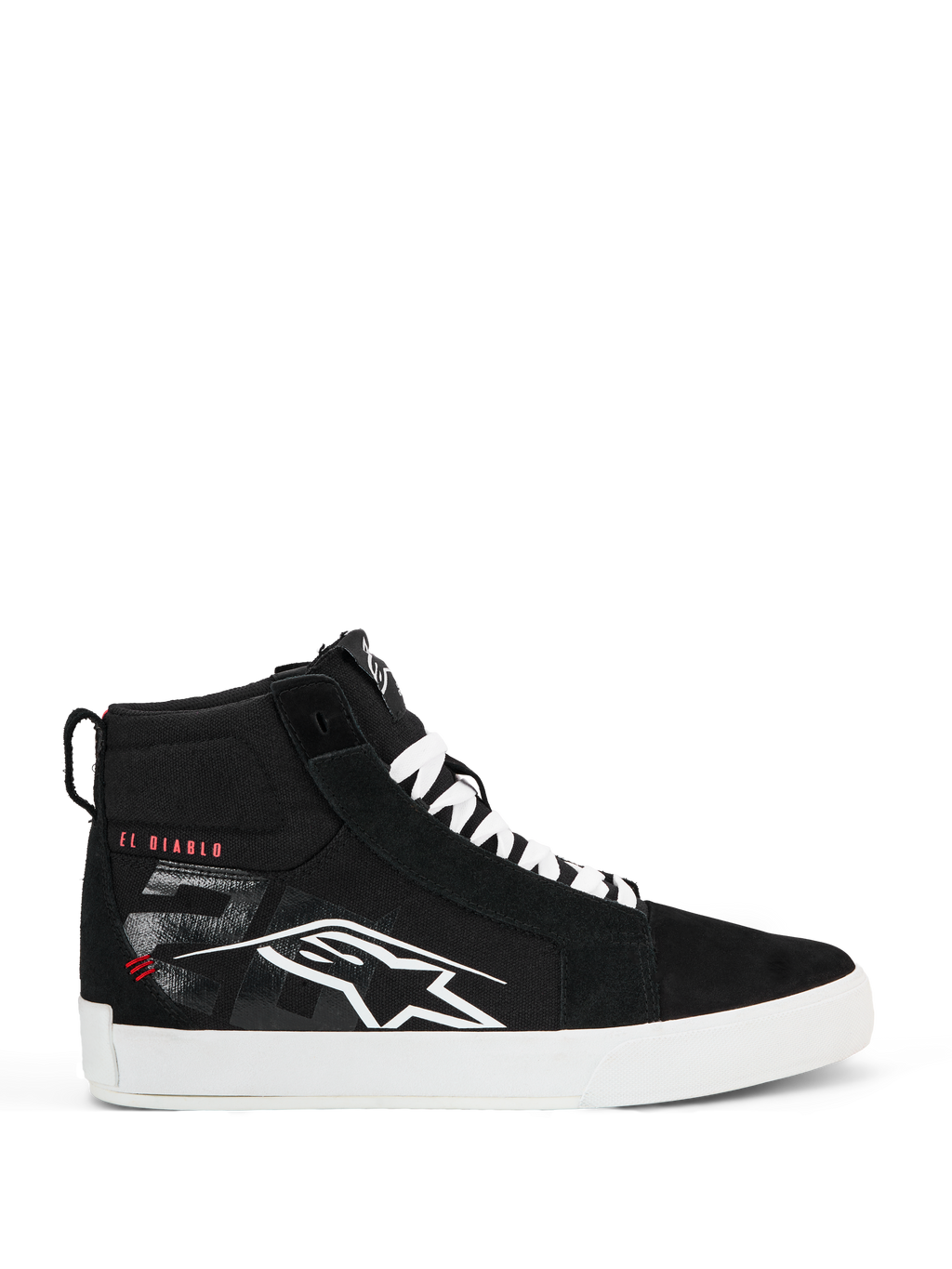 Alpinestars FQ20 Ride-63 Canvas-skor, svarta high-top street-ridingskor, vit Alpinestars-logotyp och röd "EL DIABLO"-text på sidan, vit sula och vita skosnören, avslappnade urbana motorcykelskor