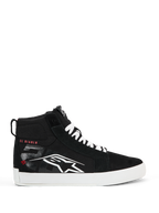 Alpinestars FQ20 Ride-63 Canvas-skor, svarta high-top street-ridingskor, vit Alpinestars-logotyp och röd "EL DIABLO"-text på sidan, vit sula och vita skosnören, avslappnade urbana motorcykelskor