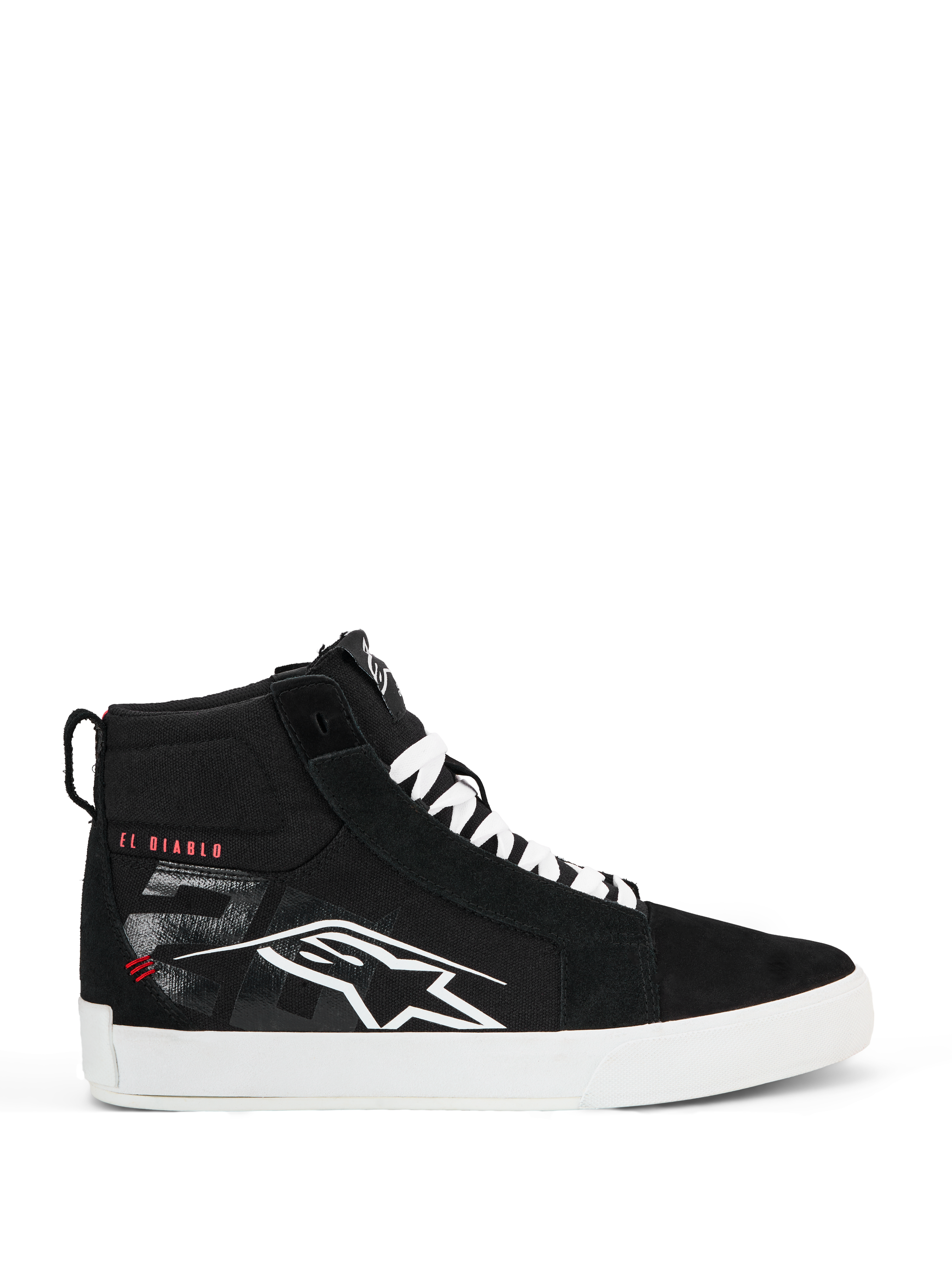Alpinestars FQ20 Ride-63 Canvas-skor, svarta high-top street-ridingskor, vit Alpinestars-logotyp och röd "EL DIABLO"-text på sidan, vit sula och vita skosnören, avslappnade urbana motorcykelskor