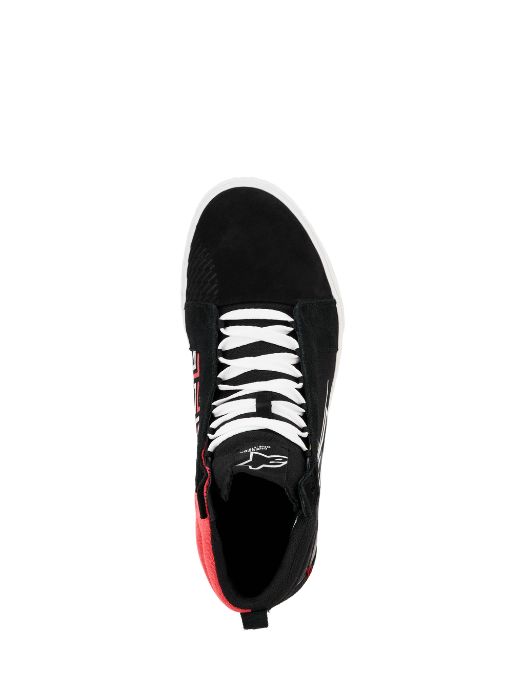 Alpinestars FQ20 Ride-63 Canvas Shoe, vy uppifrån, svart med vita skosnören och klarröd hälsektion, hög casual ridsko med Alpinestars-logotyp på plösen