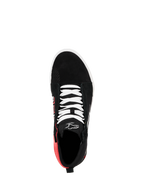 Alpinestars FQ20 Ride-63 Canvas Shoe, vy uppifrån, svart med vita skosnören och klarröd hälsektion, hög casual ridsko med Alpinestars-logotyp på plösen