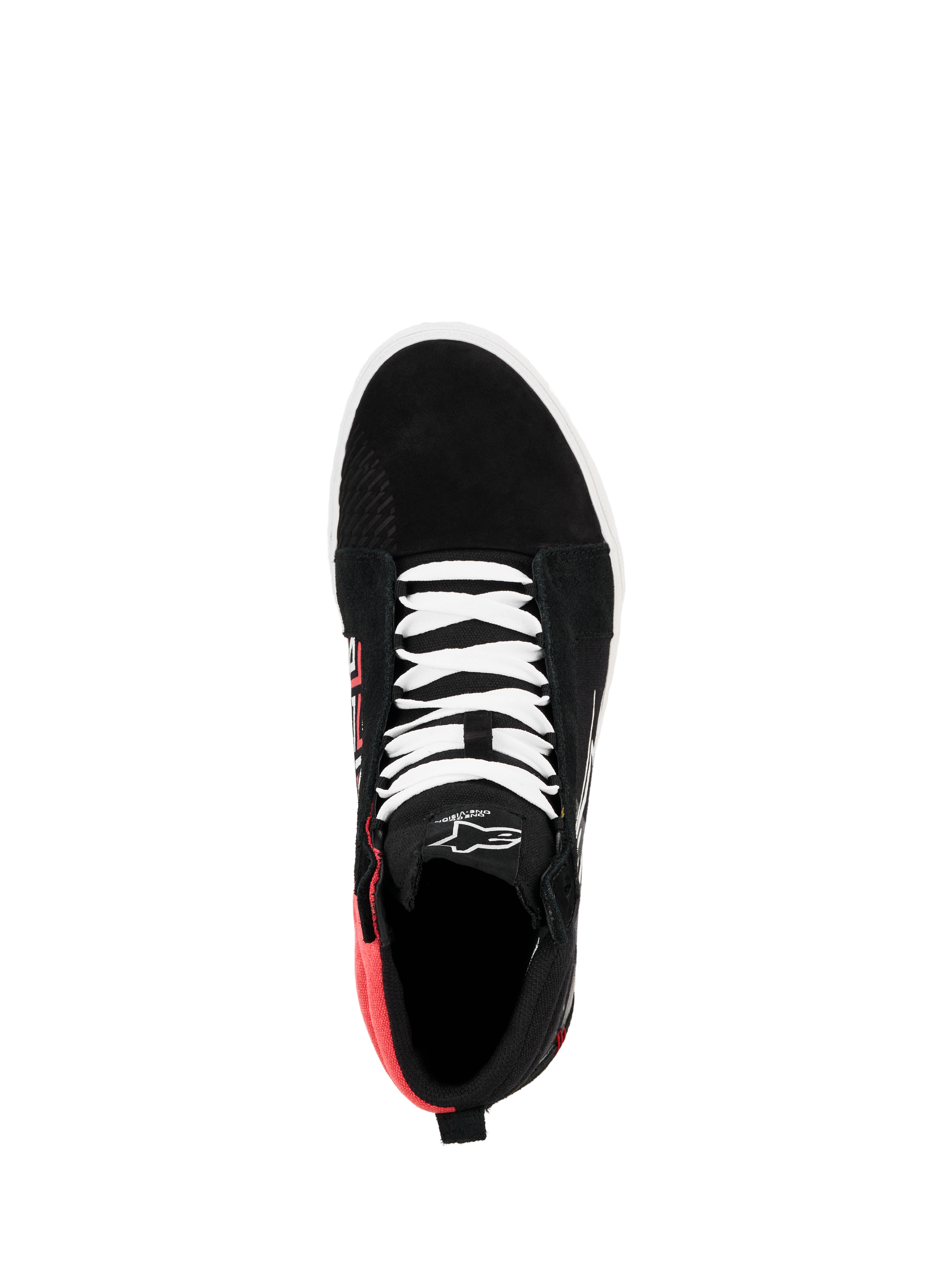 Alpinestars FQ20 Ride-63 Canvas Shoe, vy uppifrån, svart med vita skosnören och klarröd hälsektion, hög casual ridsko med Alpinestars-logotyp på plösen