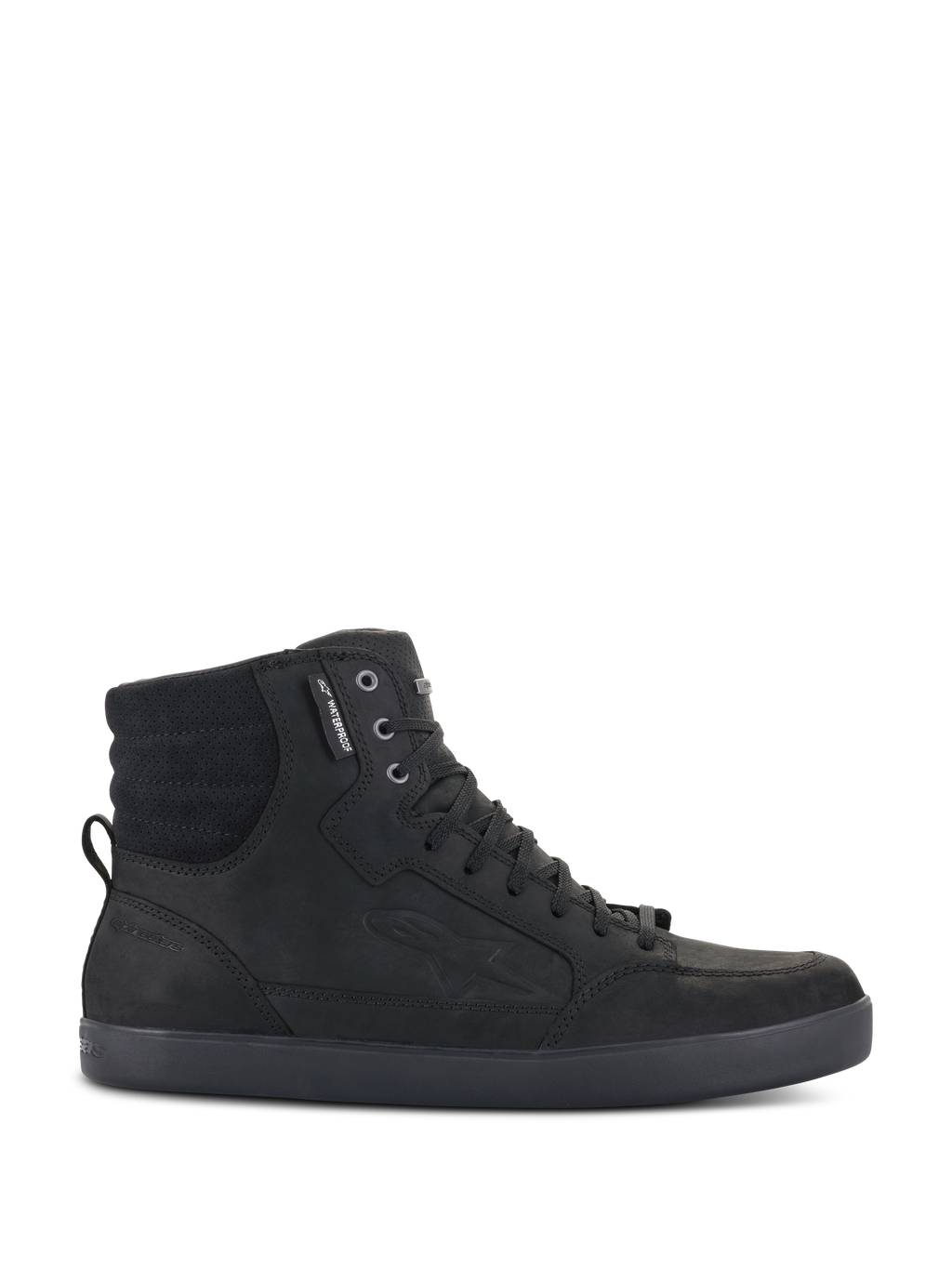 Alpinestars J-6 Waterproof Shoe, Black high-top urban riding sneaker, side profile view showing premium leather construction, lace-up closure, and padded ankle collar
