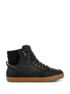 Alpinestars J-6 Waterproof Shoe, Black high-top motorcycle sneaker with brown gum sole, waterproof urban riding footwear, features padded ankle collar, black laces, subtle logo embossing, and leather construction