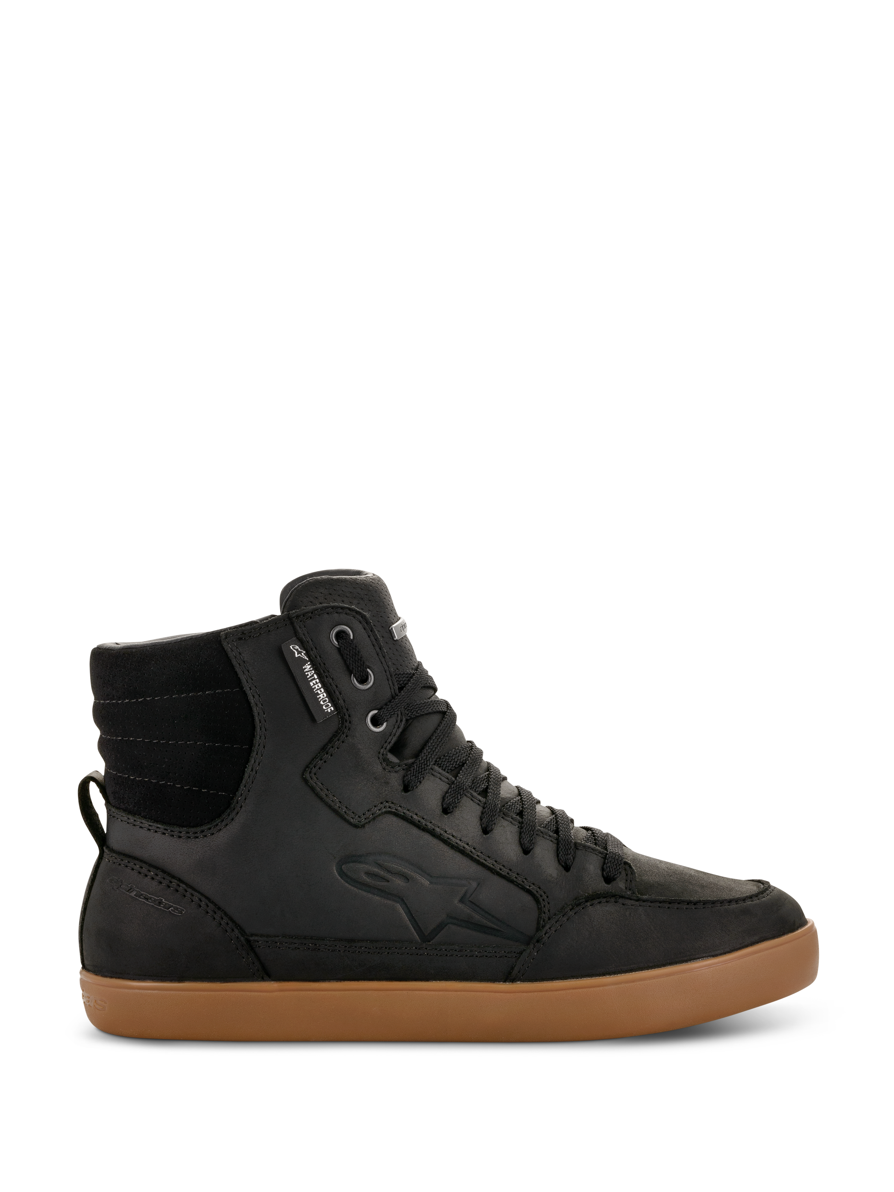 Alpinestars J-6 Waterproof Shoe, Black high-top motorcycle sneaker with brown gum sole, waterproof urban riding footwear, features padded ankle collar, black laces, subtle logo embossing, and leather construction
