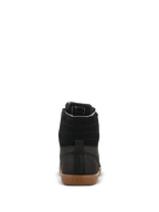 Alpinestars J-6 Waterproof Shoe, Motorcycle Riding Shoe, Black and Gum, Rear view featuring high-quality black leather upper, horizontal ankle stitching, and gum rubber sole with embossed Alpinestars branding.