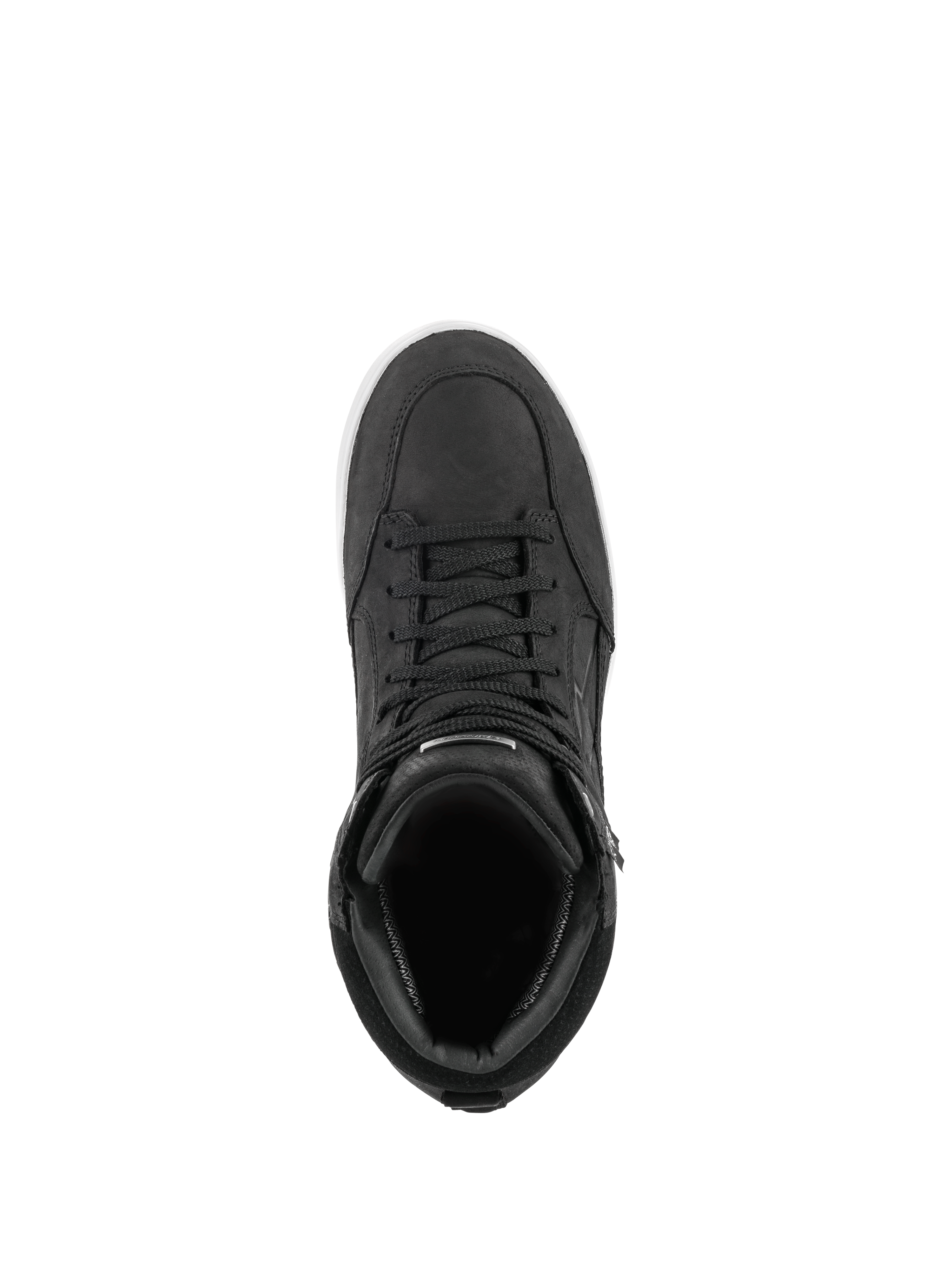 Alpinestars J-6 Waterproof Shoe, Black and White, top-down view of sneaker-style motorcycle riding boot, premium black leather construction with matching laces and white sole detail, urban road riding footwear