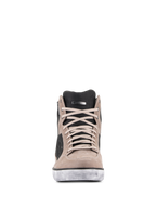 Alpinestars J-6 Waterproof Shoe i Black Flint White, vy framifrån, motorcykelsko i sneakersmodell av premiumläder med beigea skosnören, perforerad svart plös och sliten vit sula.