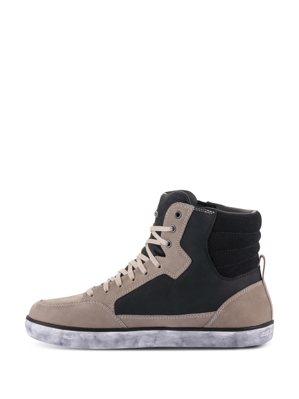 Alpinestars J-6 Waterproof sko, motorcykelsko, Black Flint White, hög sneakermodell med läderpaneler i flintgrått och svart, gräddvita skosnören och en flammig vit gummisula, avslappnad urban design för motorcykelkörning