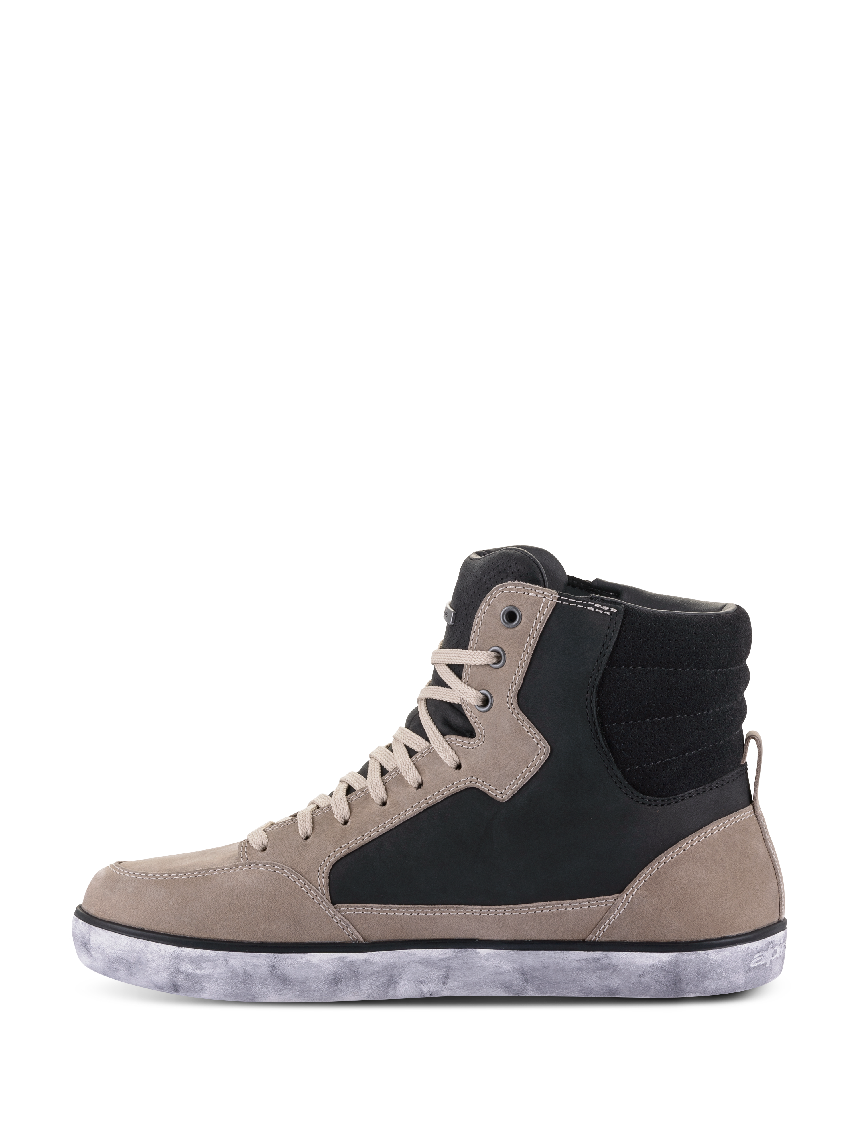 Alpinestars J-6 Waterproof sko, motorcykelsko, Black Flint White, hög sneakermodell med läderpaneler i flintgrått och svart, gräddvita skosnören och en flammig vit gummisula, avslappnad urban design för motorcykelkörning