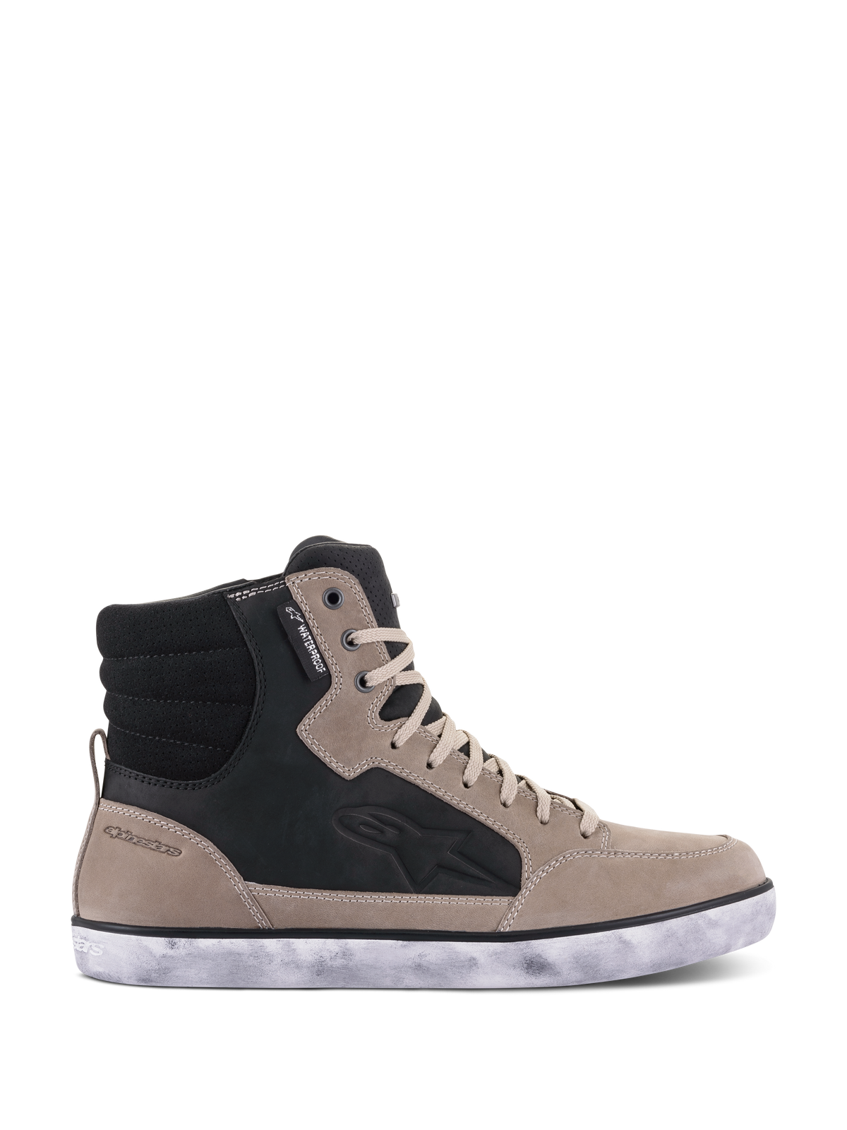 Alpinestars J-6 Waterproof Shoe, Motorcycle Riding Shoe, Black Flint White, leather high-top sneaker design with a distressed white sole, featuring a waterproof tag and embossed side logo