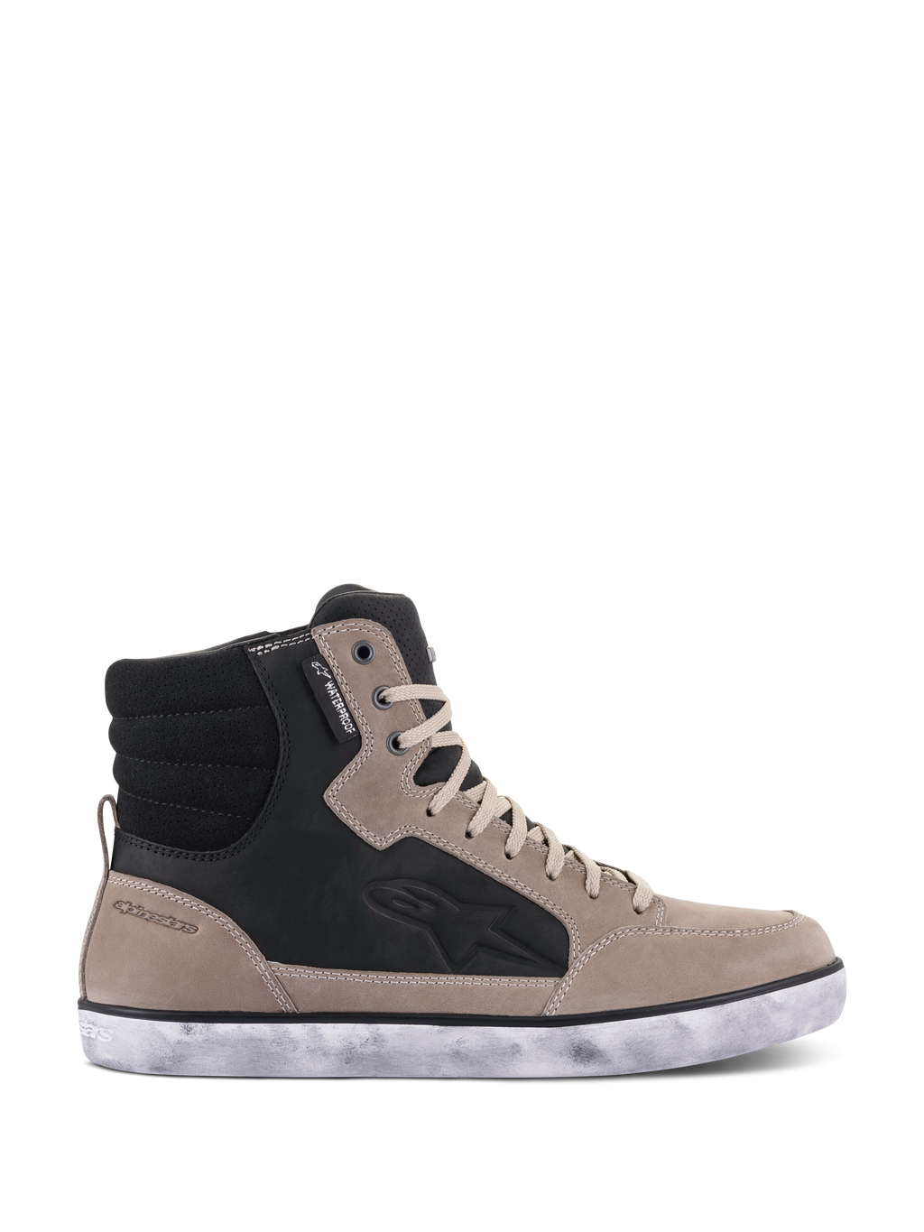 Alpinestars J-6 Waterproof-sko, motorcykelsko, Black Flint White, hög sneakerdesign i läder med en sliten vit sula, försedd med en vattentät etikett och präglad logotyp på sidan