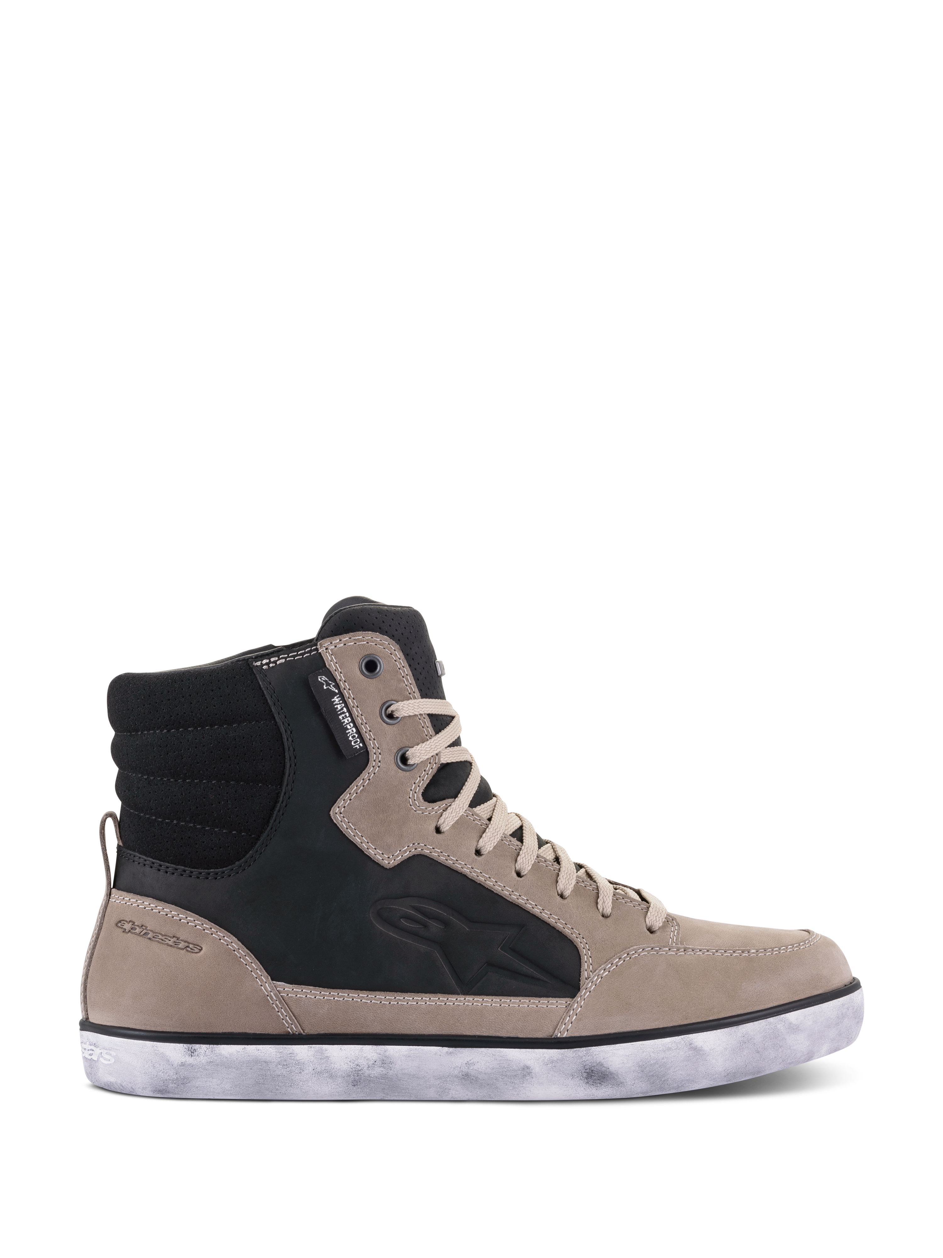 Alpinestars J-6 Waterproof Shoe, motorcykelsko, Black Flint White, high-top design i sneakerstil i läder med vit gummisula i sliten look, Astar-logotyp på sidan och vattentät etikett