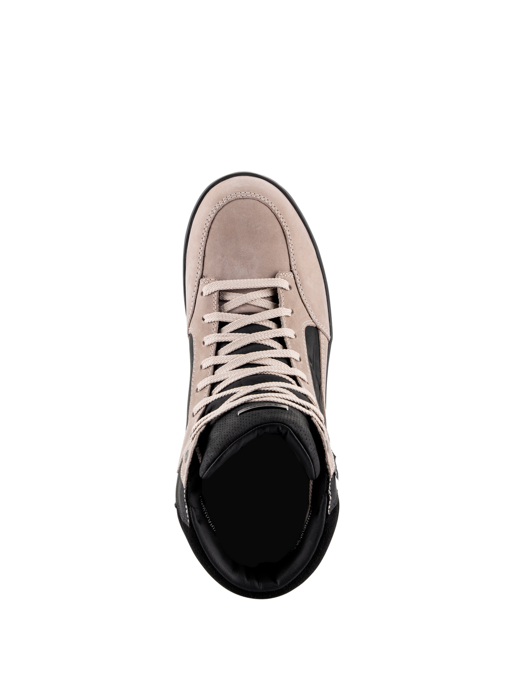 Alpinestars J-6 Waterproof Shoe, urban motorcykelsko, Black Flint White, vy uppifrån som visar ovandel i mocka, vita skosnören och svart vadderad krage, vardaglig sneaker-inspirerad design för mc-pendling