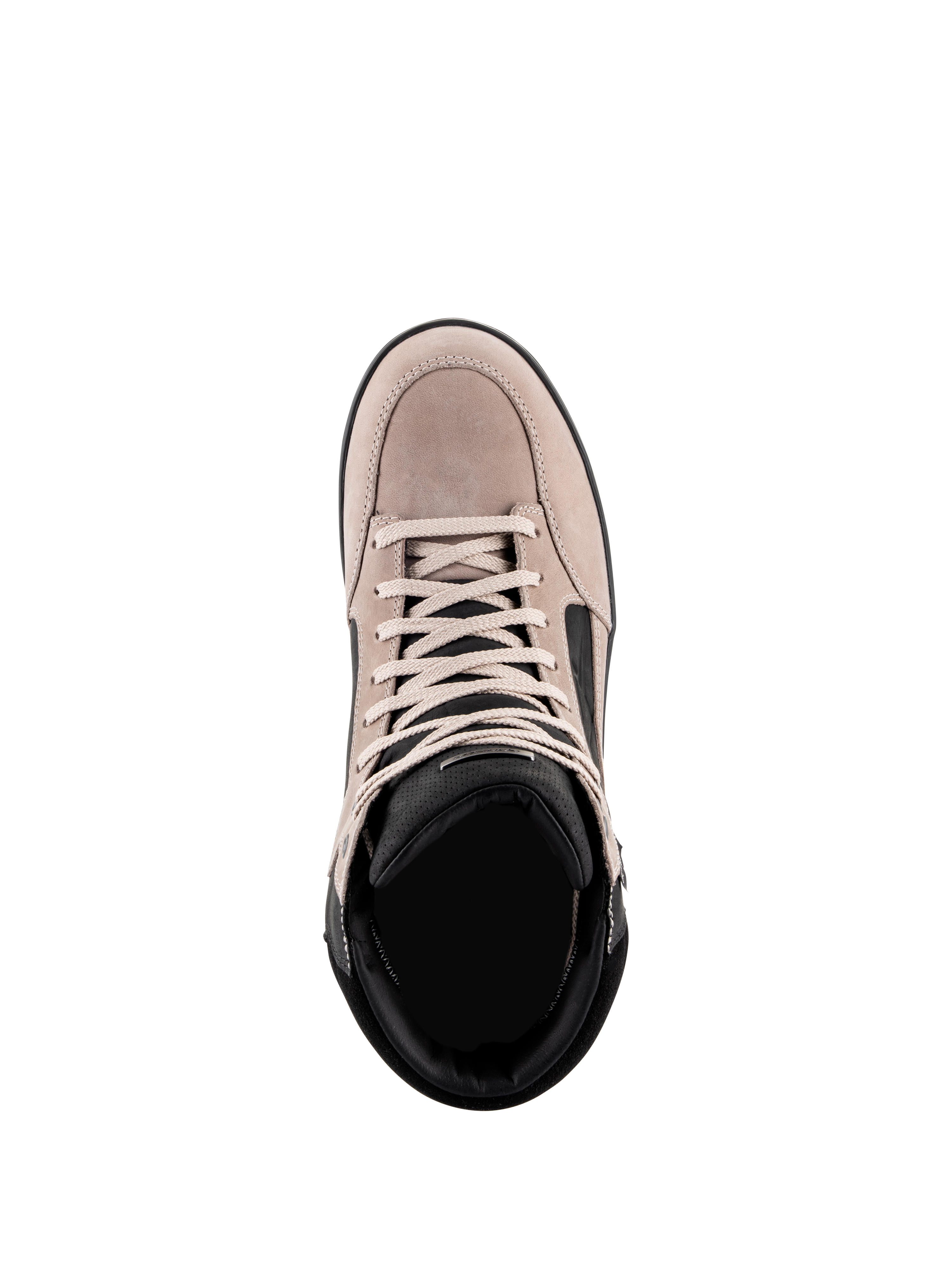 Alpinestars J-6 Waterproof Shoe, urban motorcykelsko, Black Flint White, vy uppifrån som visar ovandel i mocka, vita skosnören och svart vadderad krage, vardaglig sneaker-inspirerad design för mc-pendling
