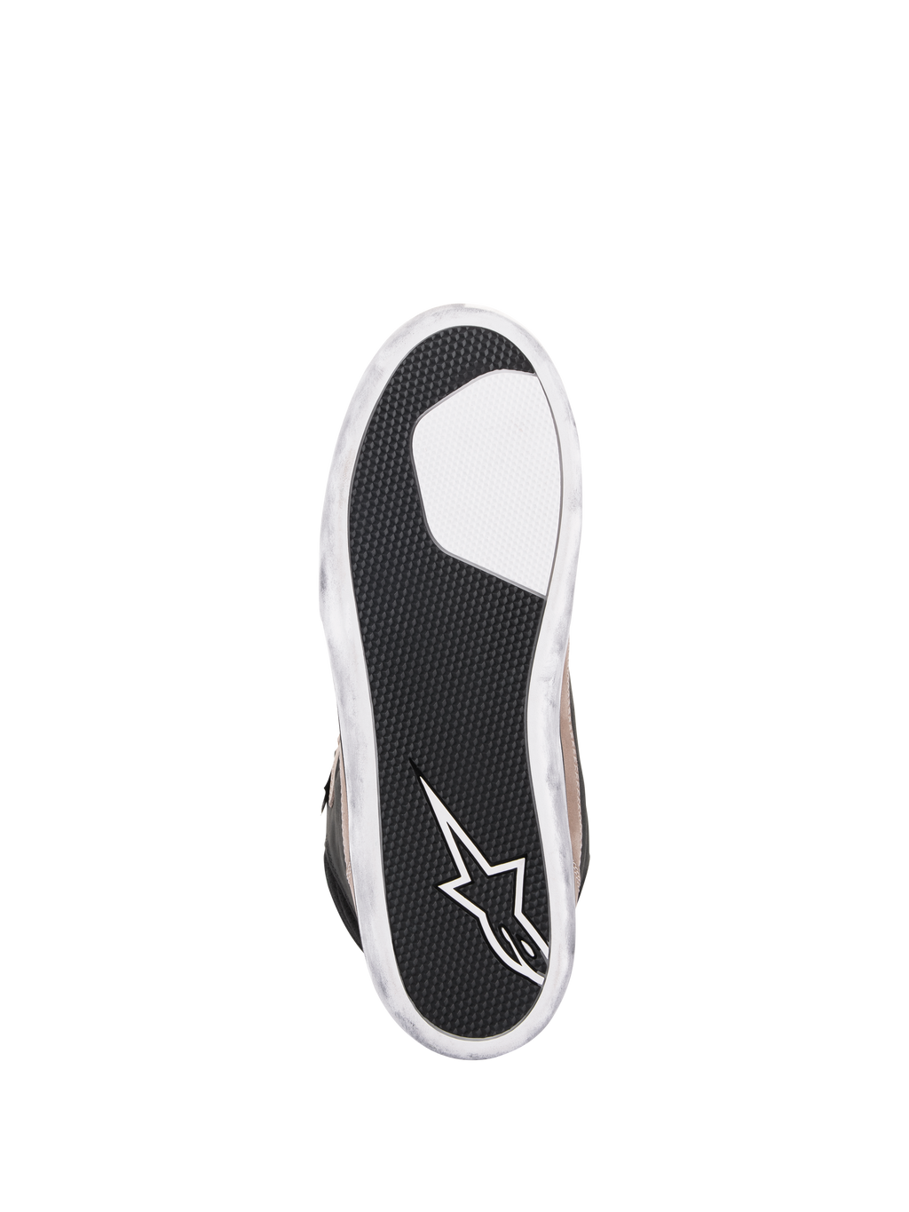 Alpinestars J-6 Waterproof Shoe, motorcykelsko, Black Flint White, vy underifrån av yttersulan med texturerat svart gummi för grepp, vit Alpinestars-stjärnlogotyp på hälen och slitna vita kanter