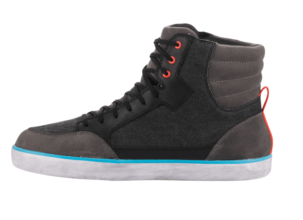 Alpinestars J-6 Waterproof Canvas Riding Shoe, Black Anthracite Light Blue, sneaker-style motorcycle boot, high-top design with black canvas and grey leather panels, white sole with bright blue stripe, red eyelets and heel pull