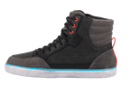 Alpinestars J-6 Waterproof Canvas Riding Shoe, Black Anthracite Light Blue, sneaker-style motorcycle boot, high-top design with black canvas and grey leather panels, white sole with bright blue stripe, red eyelets and heel pull