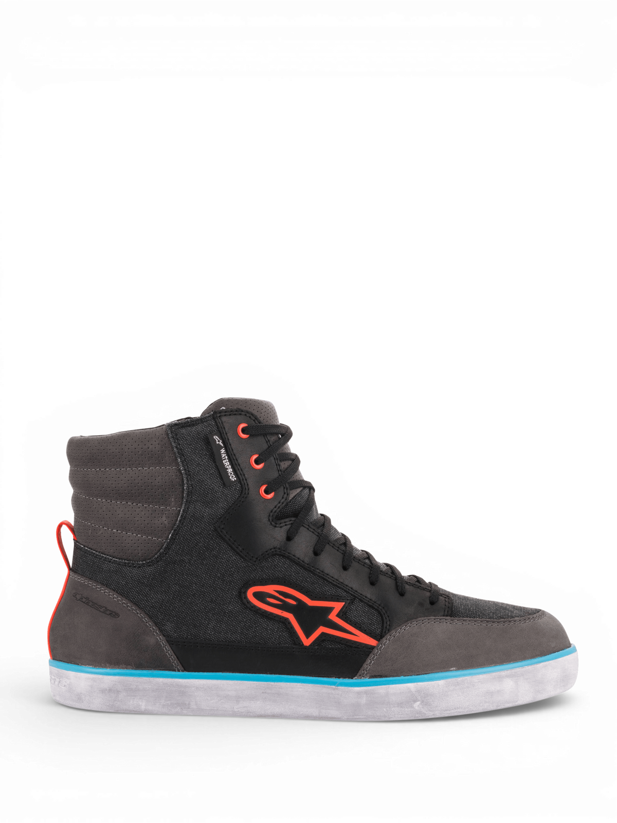 Alpinestars J-6 Vattentät Canvas motorcykelstövlar, herr, svarta och gråa med ljusblå och orange detaljer, vattentätt läder.