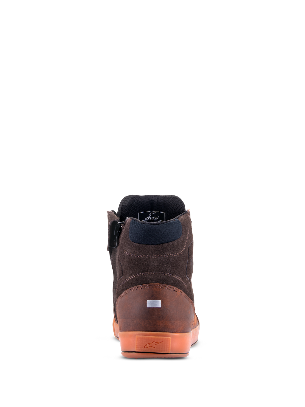 Alpinestars Chrome Crafted Drystar® skor, vy bakifrån, Brown Gum, urbana motorcykelskor, läder- och mockakonstruktion, genomskinlig gummisula med präglad logotyp, reflekterande häldetalj