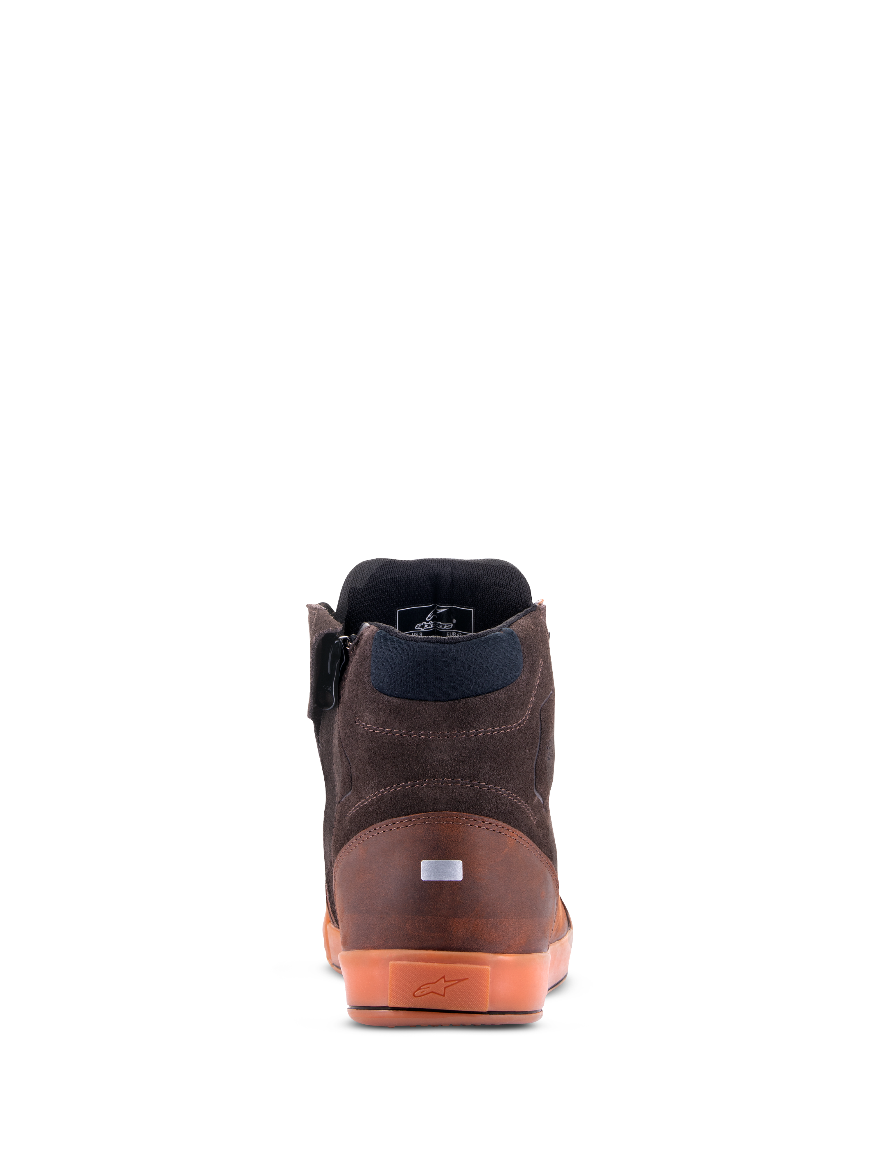 Alpinestars Chrome Crafted Drystar® skor, vy bakifrån, Brown Gum, urbana motorcykelskor, läder- och mockakonstruktion, genomskinlig gummisula med präglad logotyp, reflekterande häldetalj