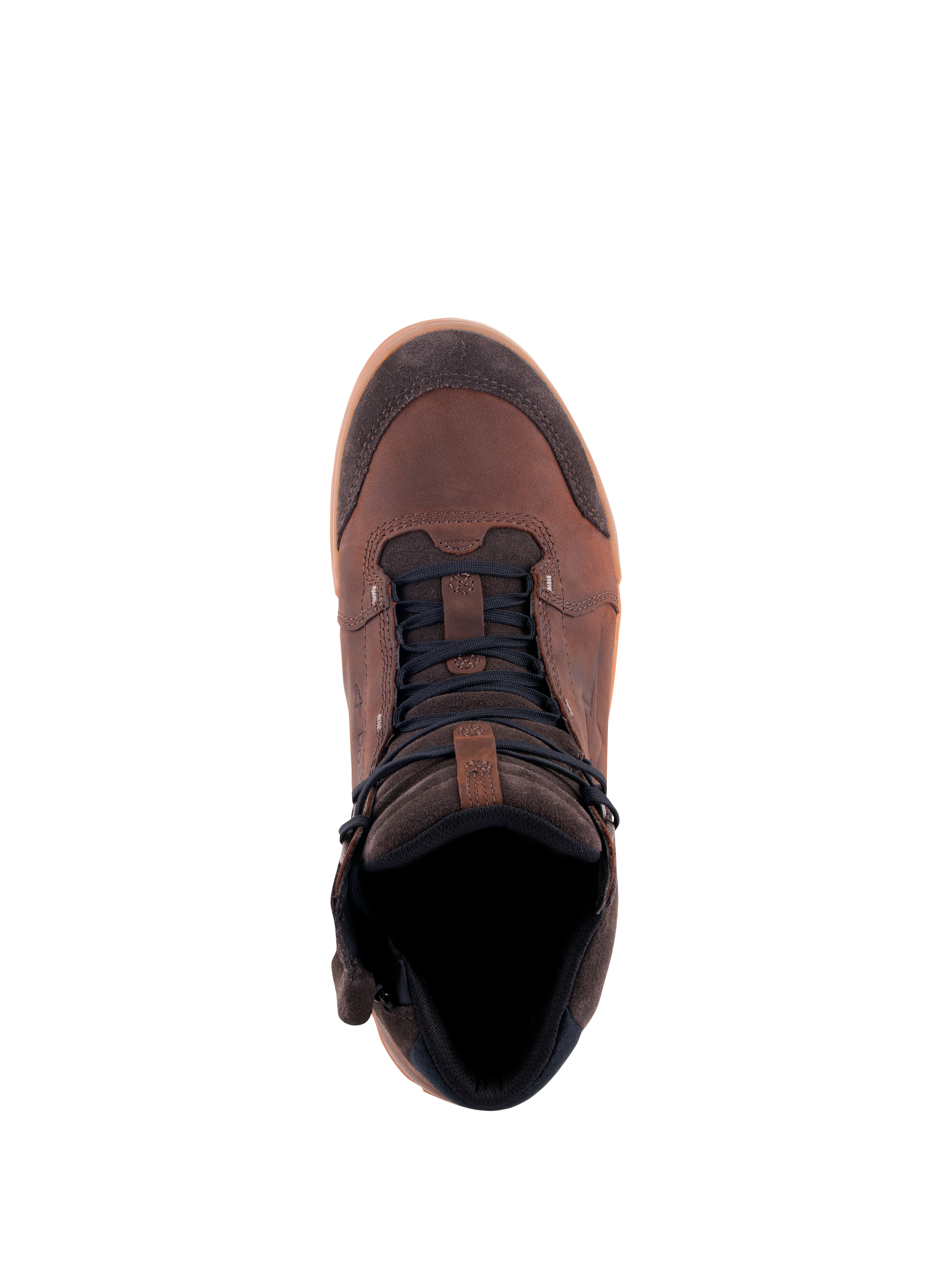 Alpinestars Chrome Crafted Drystar® skor, mc-skor för stadskörning, Brown Gum, vy uppifrån, ovandel i läder och mocka med mörka skosnören och gummisula, avslappnade vattentäta motorcykelskor