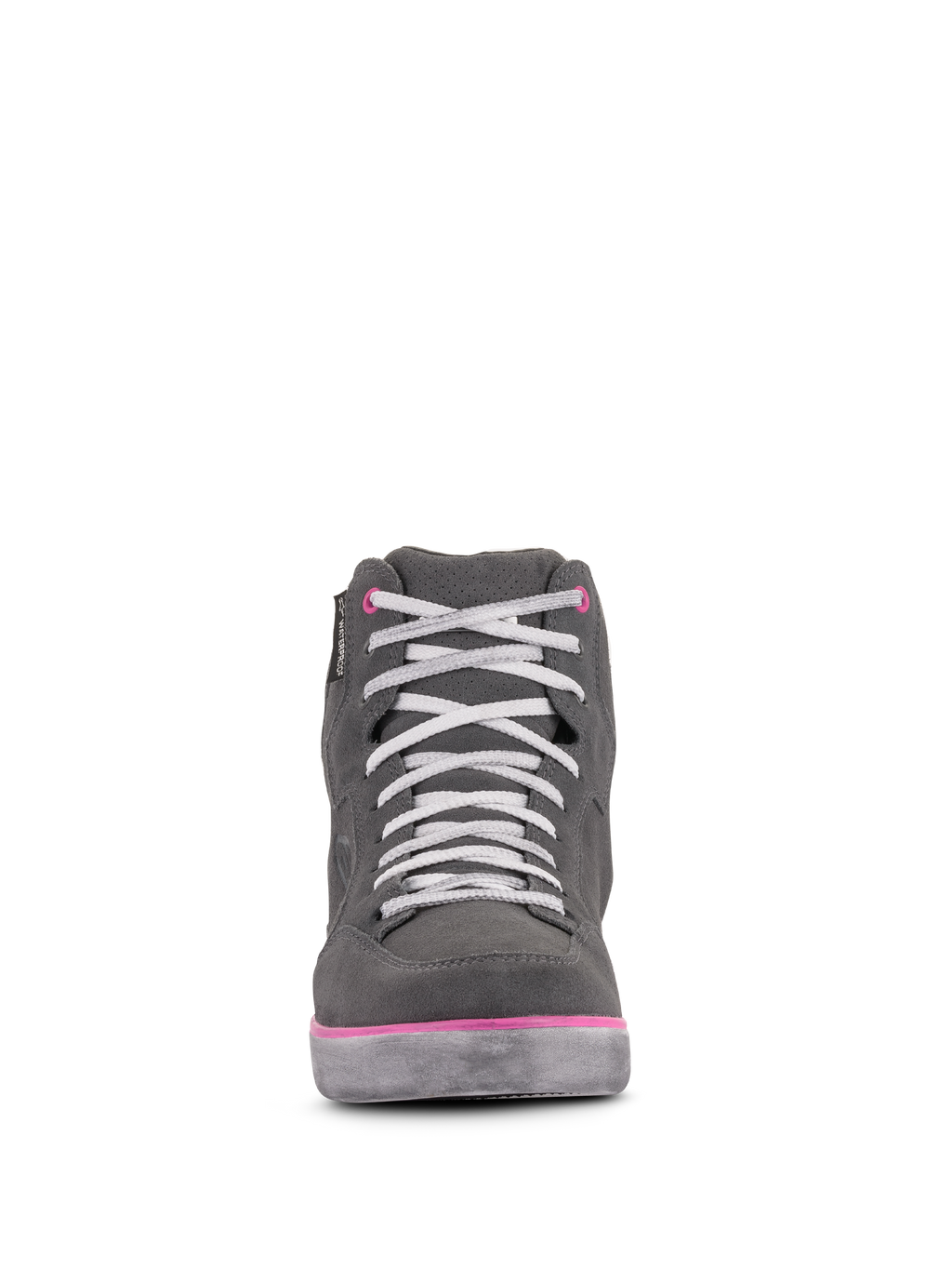Alpinestars J-6 Waterproof damskor, motorcykelskor, ljusgrå och fuchsia, vy framifrån av high-top i sneaker-stil med vita skosnören och rosa detaljer, vattentät konstruktion i läder och mocka