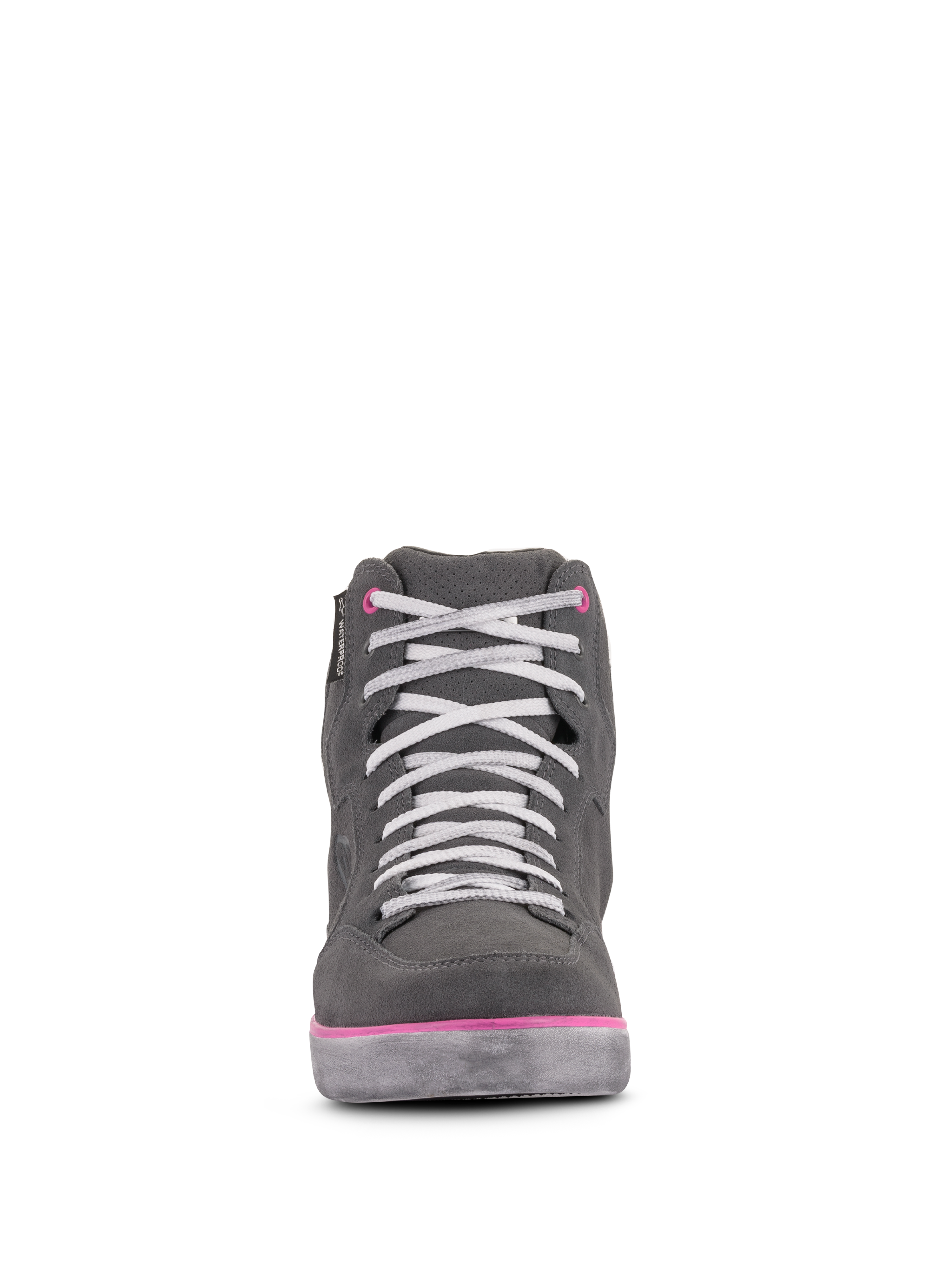 Alpinestars J-6 Waterproof damskor, motorcykelskor, ljusgrå och fuchsia, vy framifrån av high-top i sneaker-stil med vita skosnören och rosa detaljer, vattentät konstruktion i läder och mocka