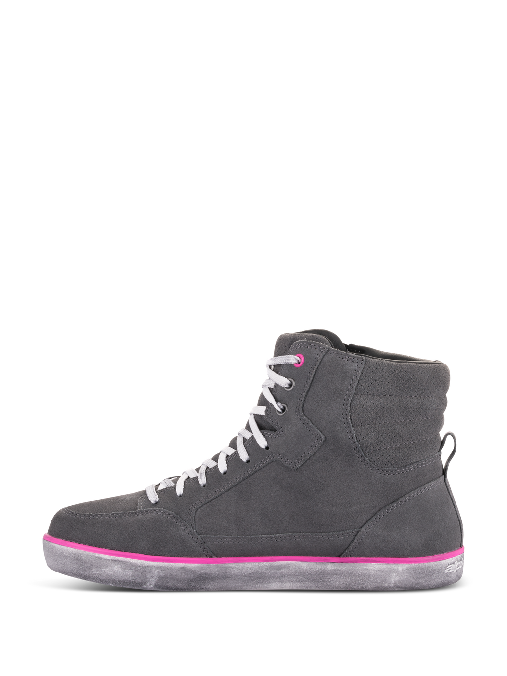 Alpinestars J-6 Waterproof damskor, körskor, ljusgrå och fuchsia, high-top sneakerdesign med ovandel i grå mocka, vita skosnören, fuchsiafärgade accenter och en sliten grå gummisula