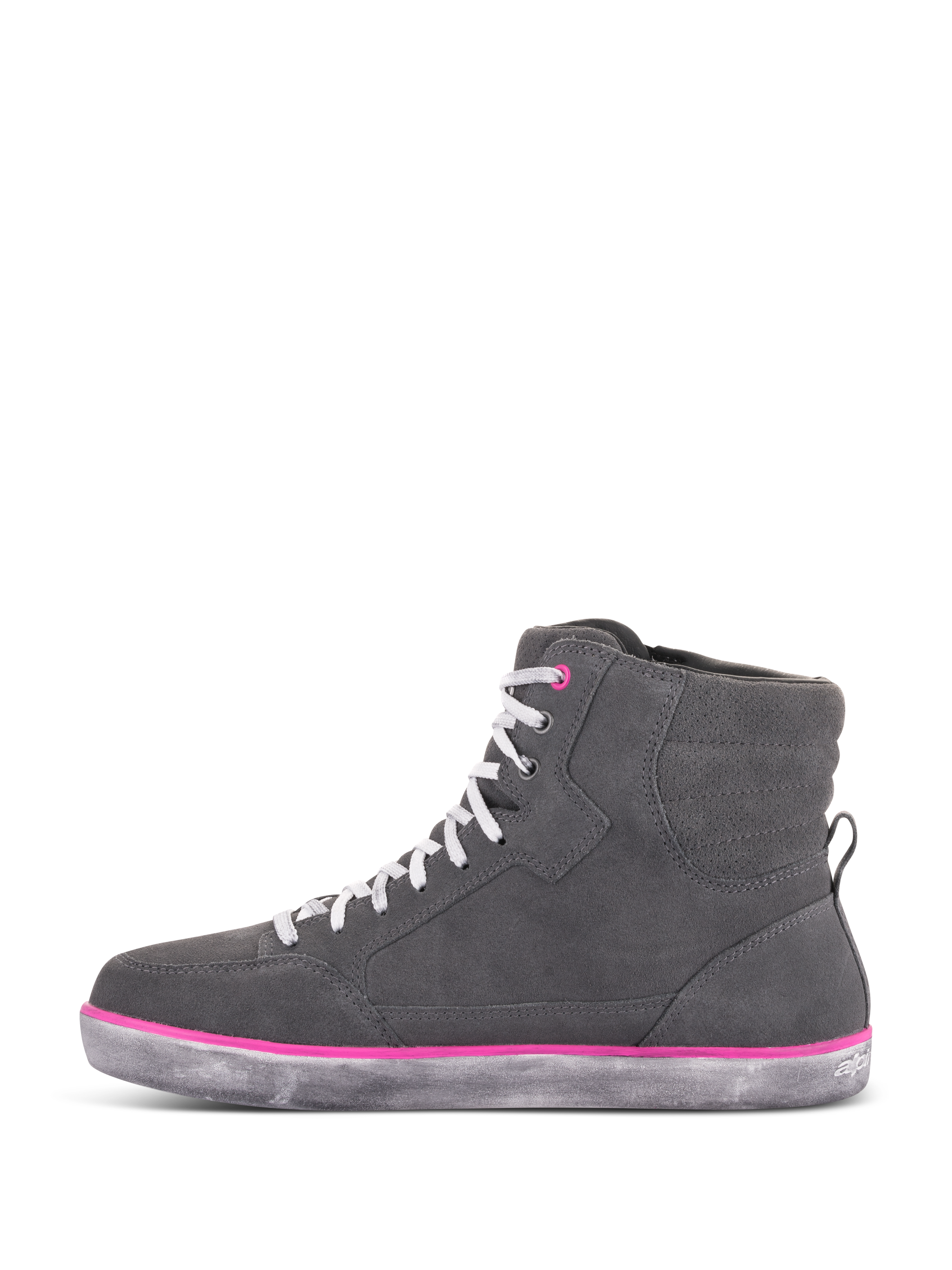 Alpinestars J-6 Waterproof damskor, körskor, ljusgrå och fuchsia, high-top sneakerdesign med ovandel i grå mocka, vita skosnören, fuchsiafärgade accenter och en sliten grå gummisula