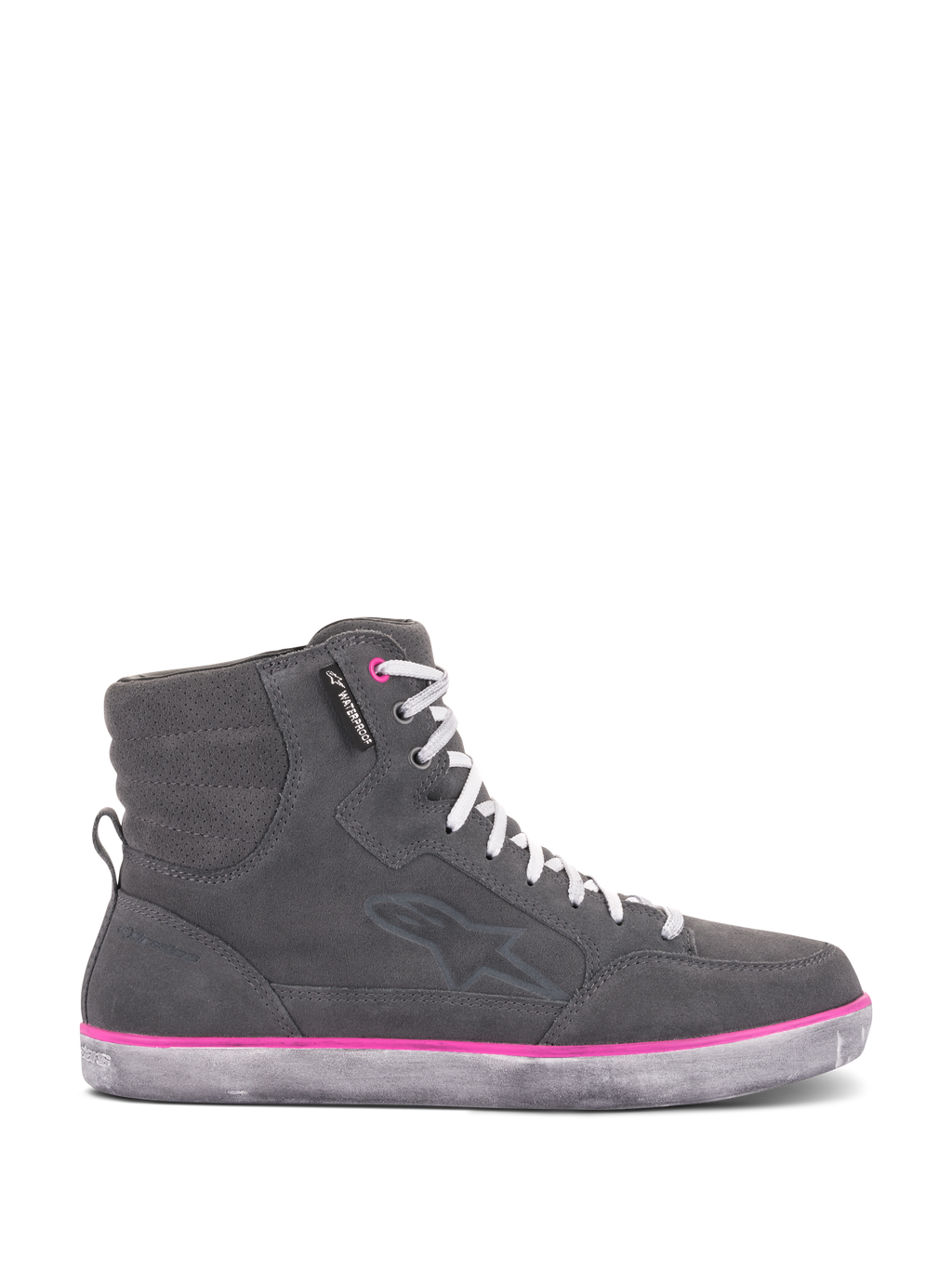 Alpinestars J-6 Waterproof motorcykelskor för damer, grå och fuchsia, high-top sneaker-design med grå ovandel i mocka, vita skosnören och en klarrosa accentlinje ovanför den slitna gummisulan.